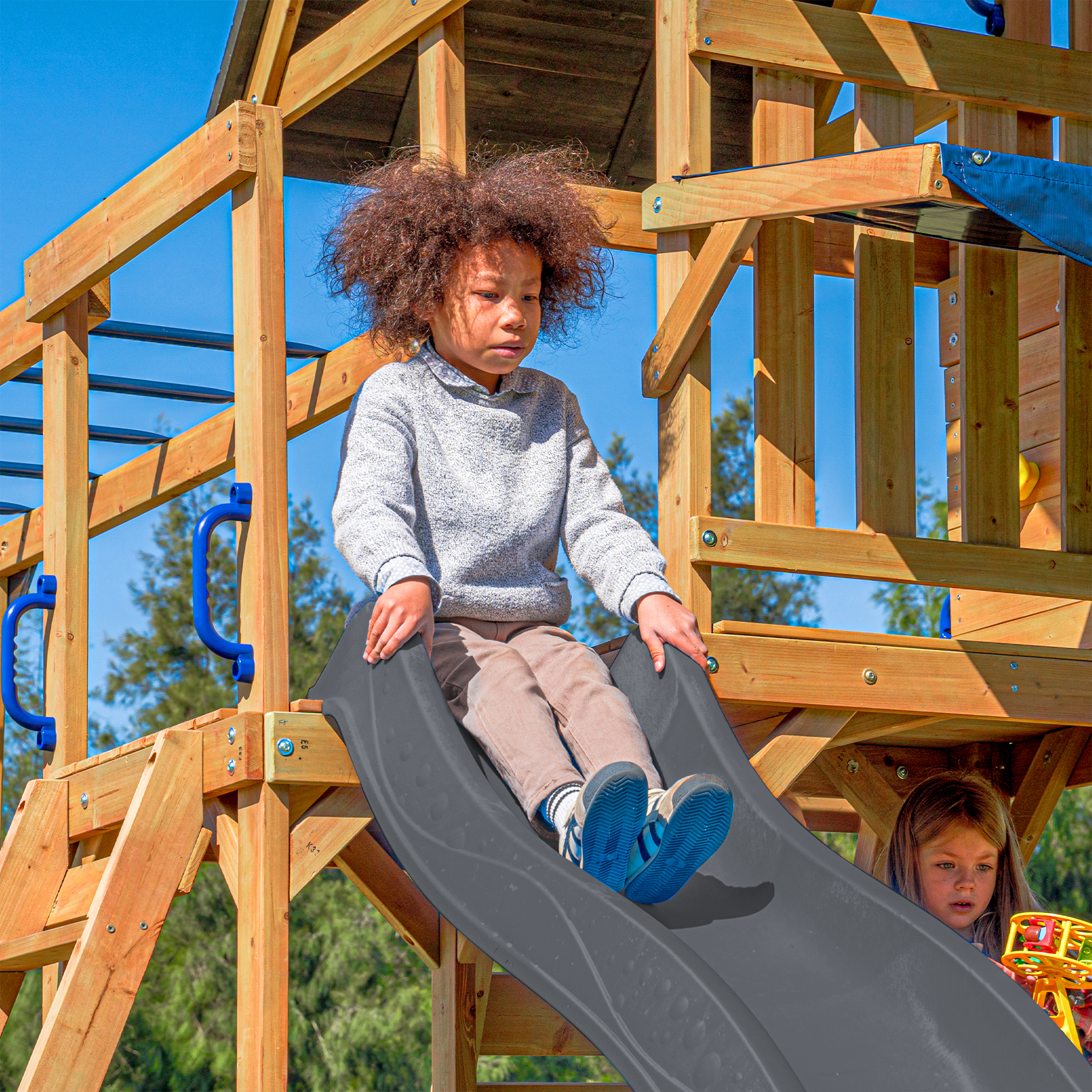 AXI Mitch Climbing Frame with Double Swing. Trapeze and Lookout Tower – Grey Slide