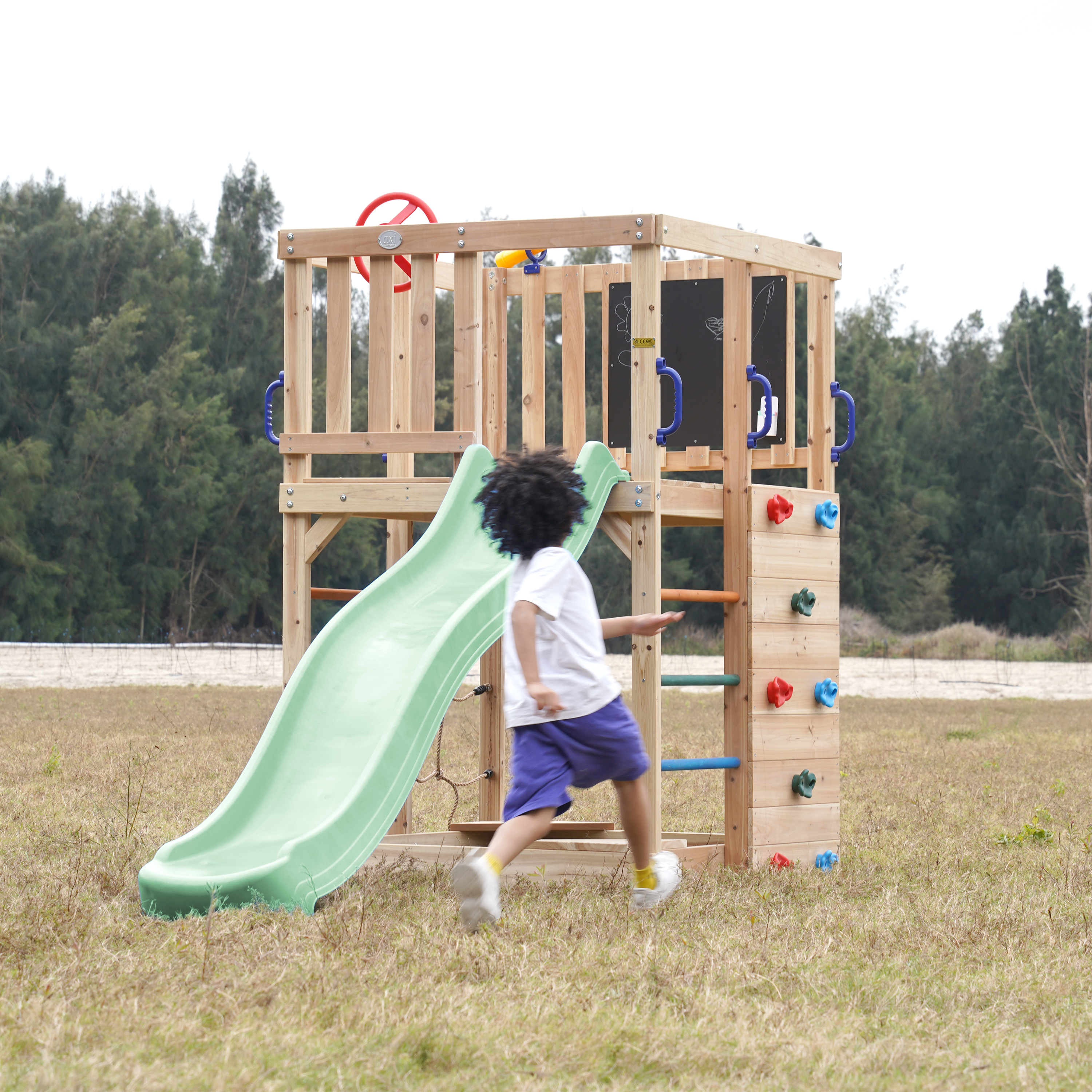AXI Sam Climbing Frame with Climbing Wall, Climbing Net and Monkey Bars – Pastel Green Slide