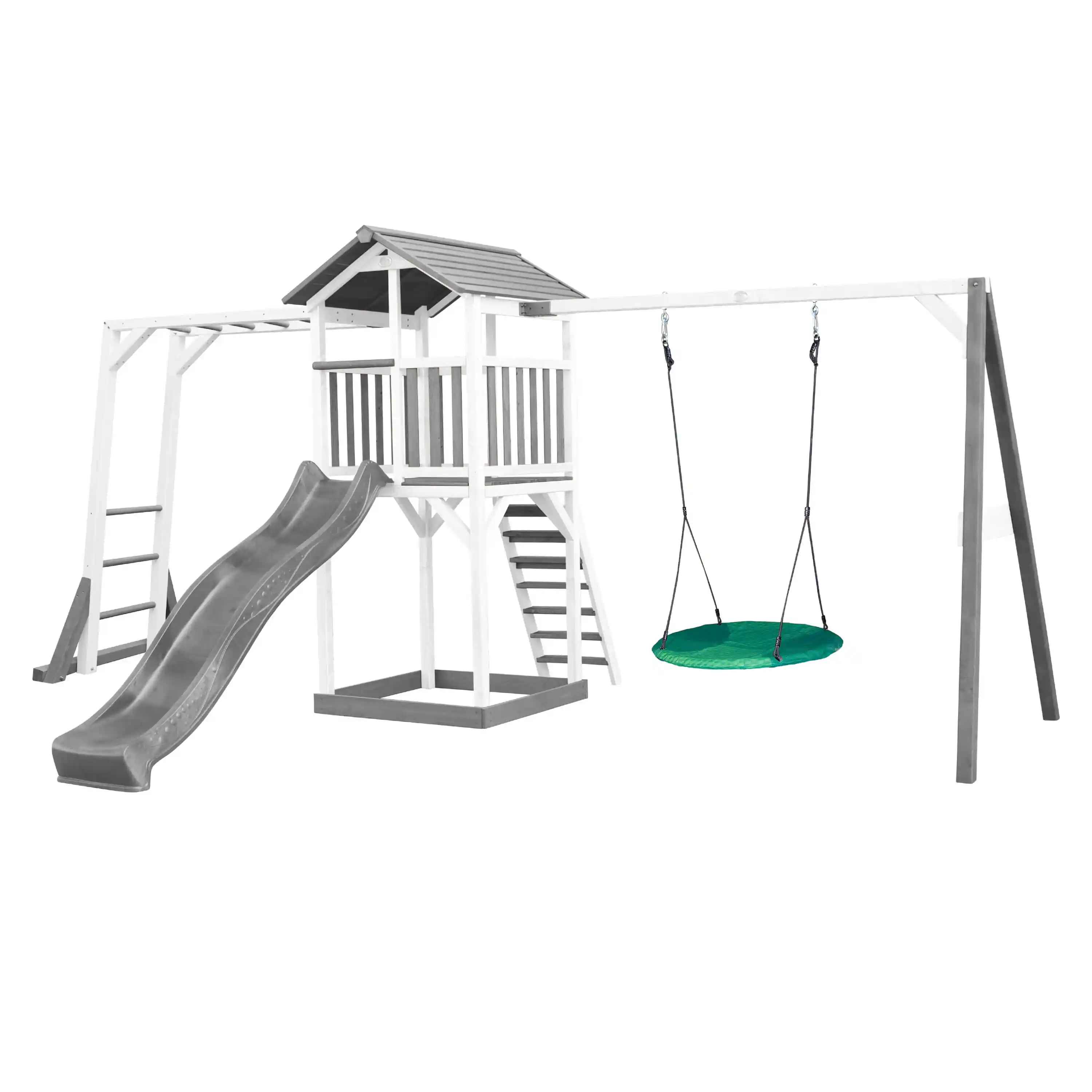 AXI Beach Tower Speeltoren met Klimrek en Summer Nestschommel Grijs/wit - Grijze Glijbaan