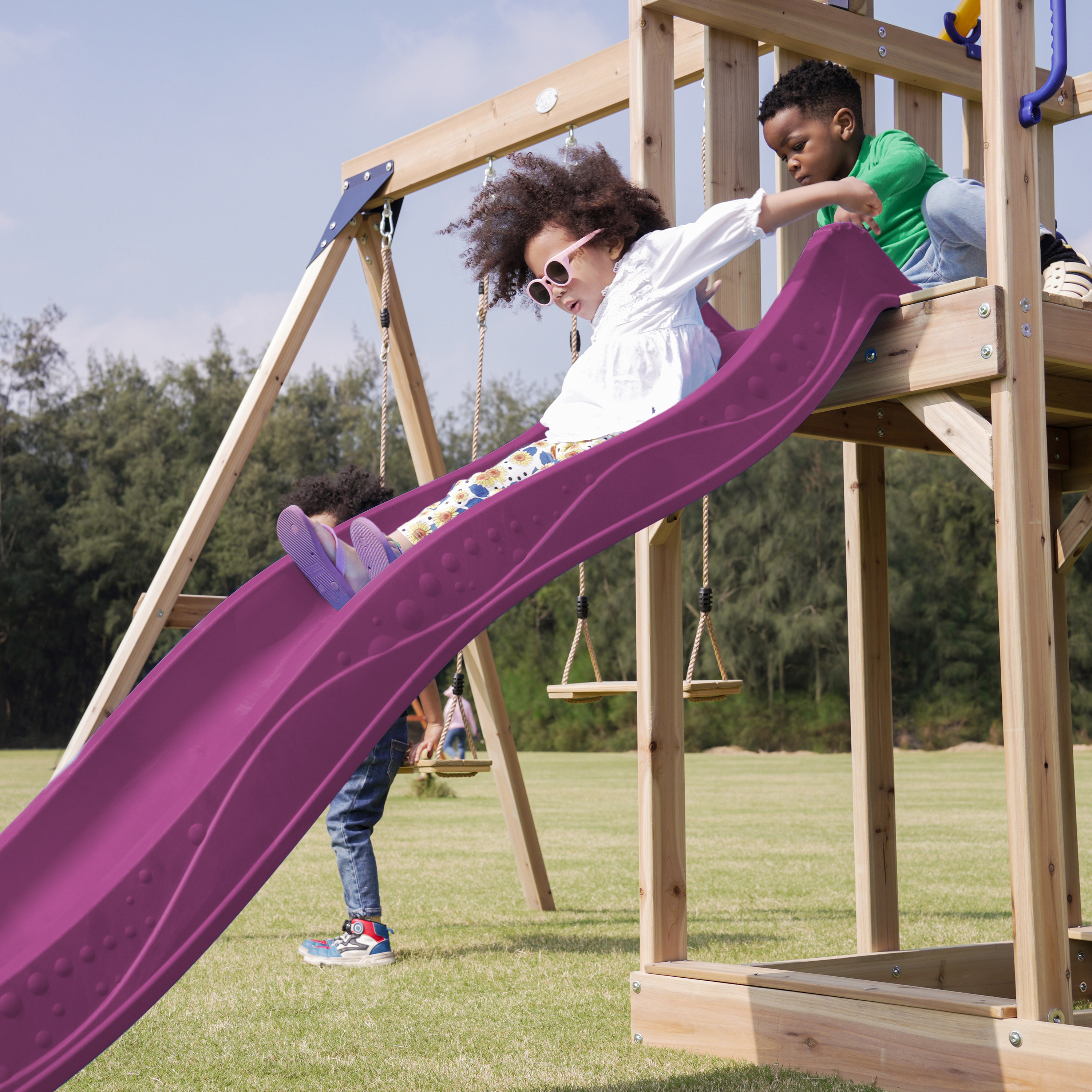 AXI Moos Climbing Frame with Double Swing Set - Purple Slide