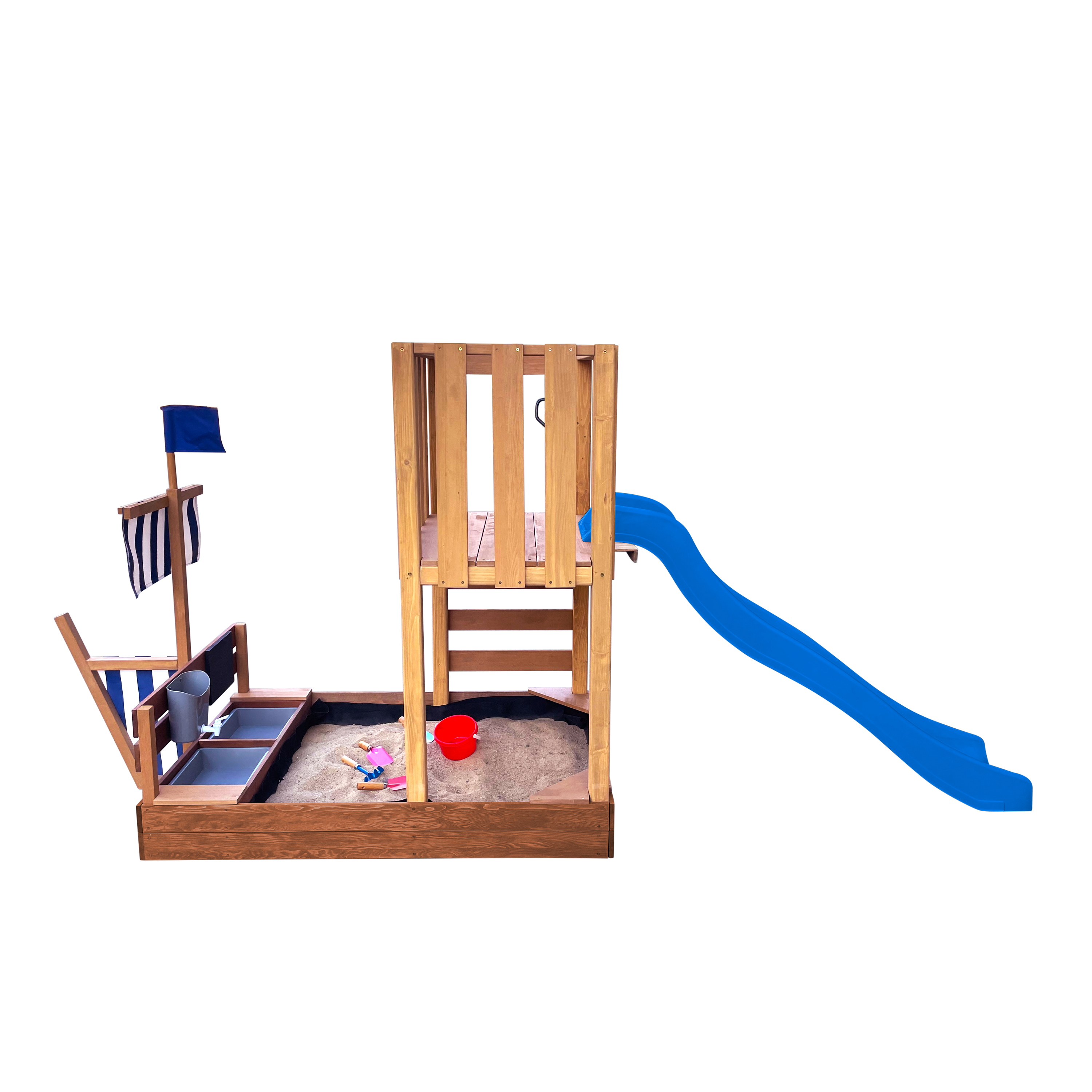 AXI Vicky Climbing Frame with Sandbox. Play Kitchen & Chalkboard – Blue Slide