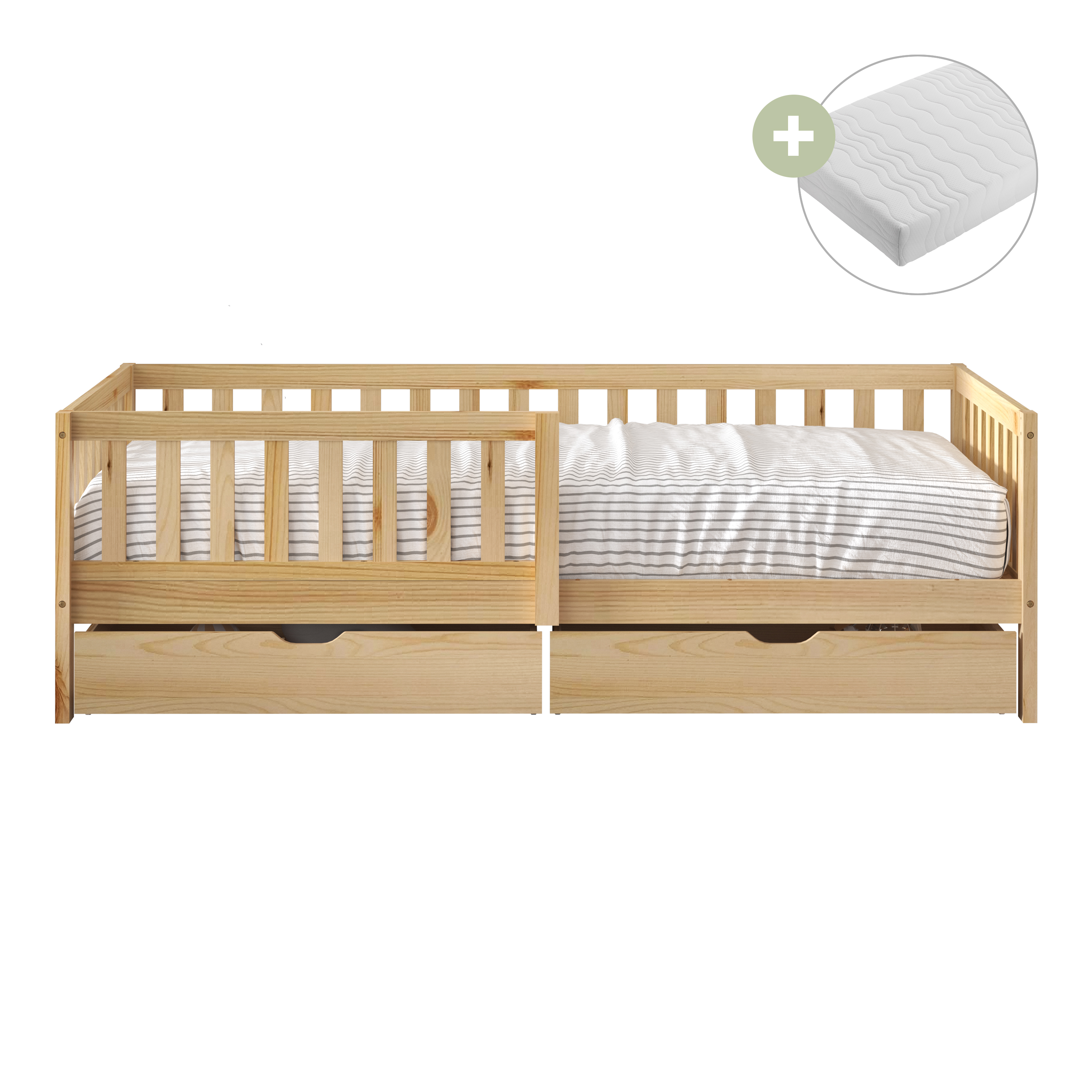 Sunny Isa Kids Bed with 2 Storage Drawers and Guardrail Natural – With Mattress-8720365069284 Sunny Isa Kids Bed with 2 Storage Drawers and Guardrail Natural – With Mattress