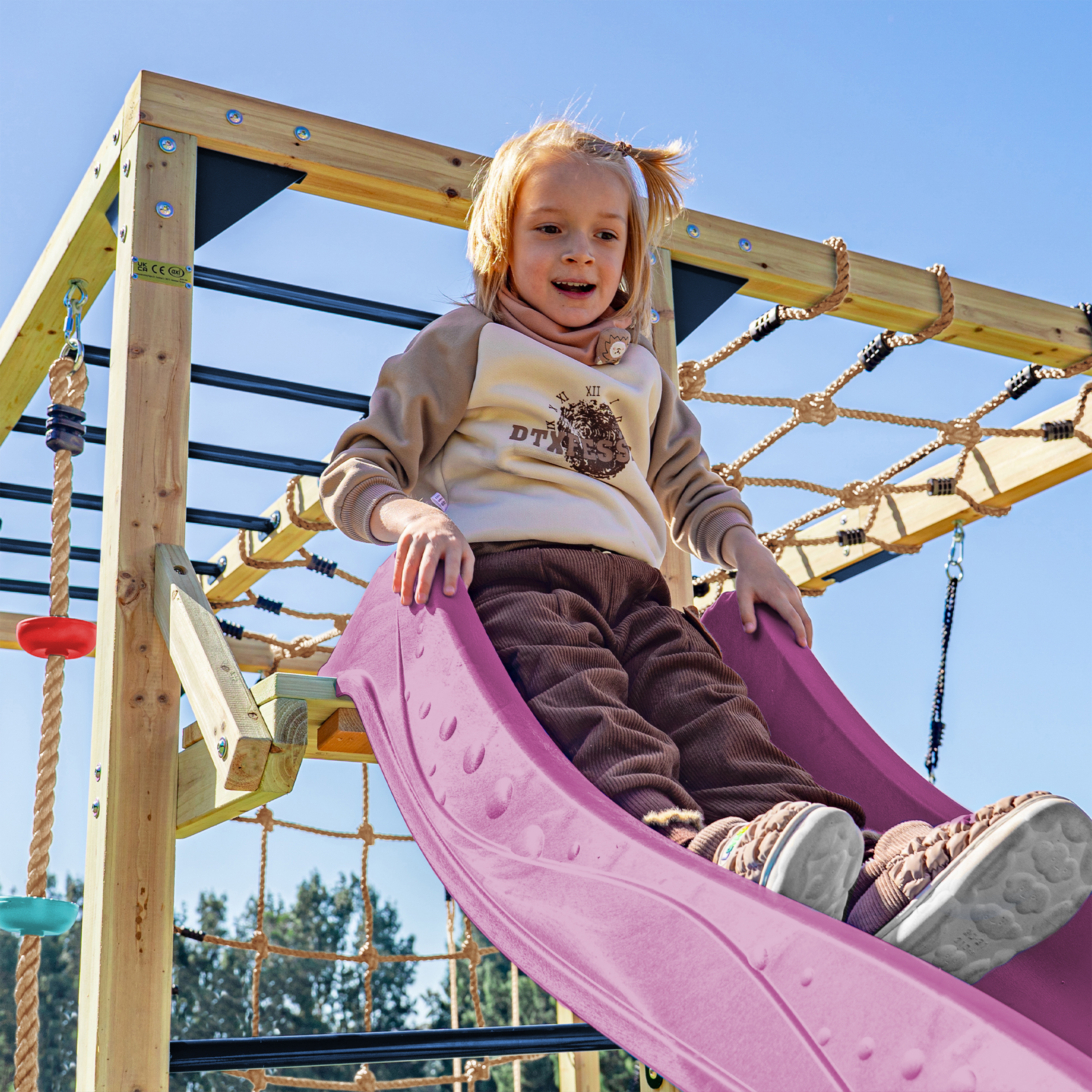 AXI Boris Wooden Playcentre with Swings. Trapeze. Climbing Nets and Monkey Bars – Purple Slide