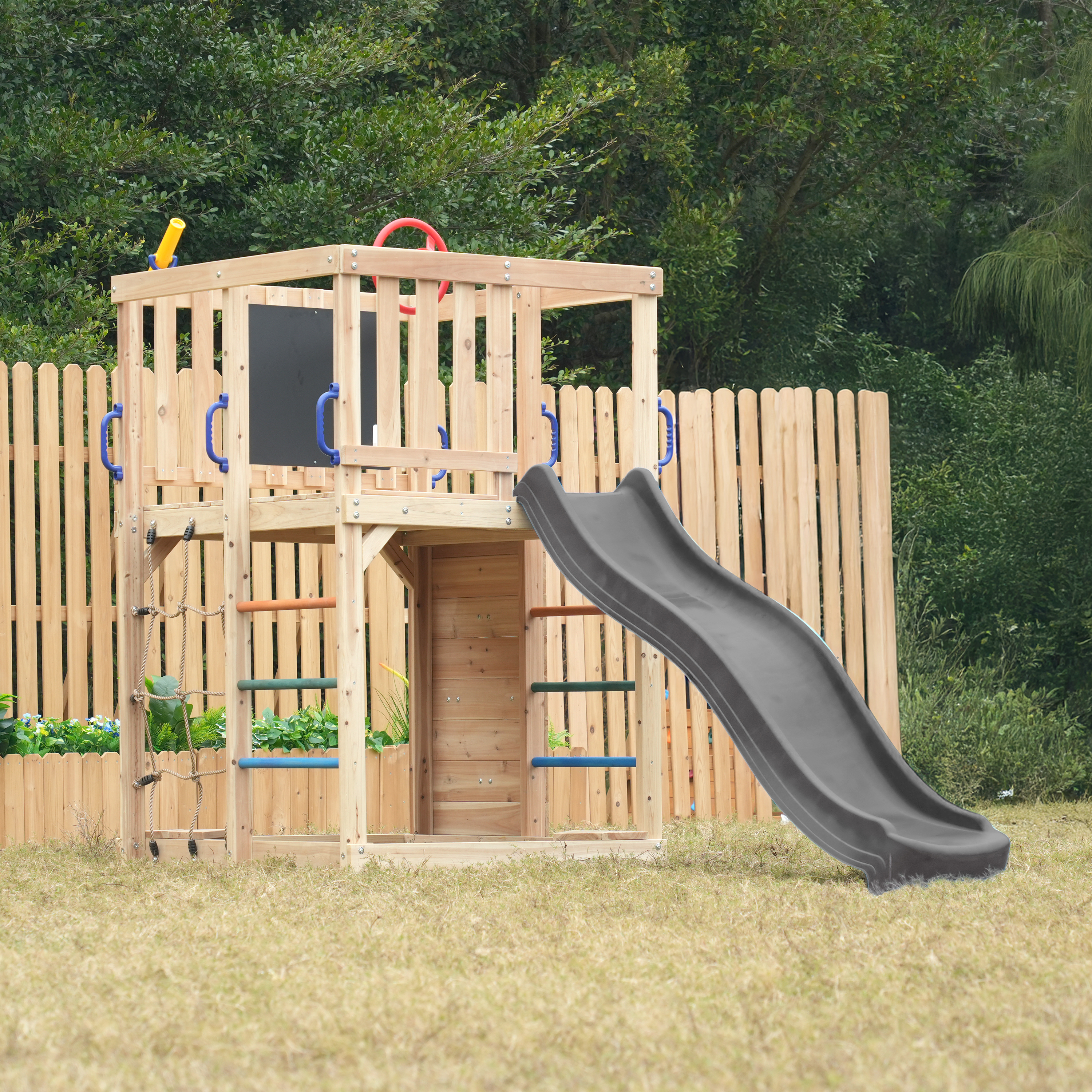 AXI Sam Climbing Frame with Climbing Wall, Climbing Net and Monkey Bars – Grey Slide
