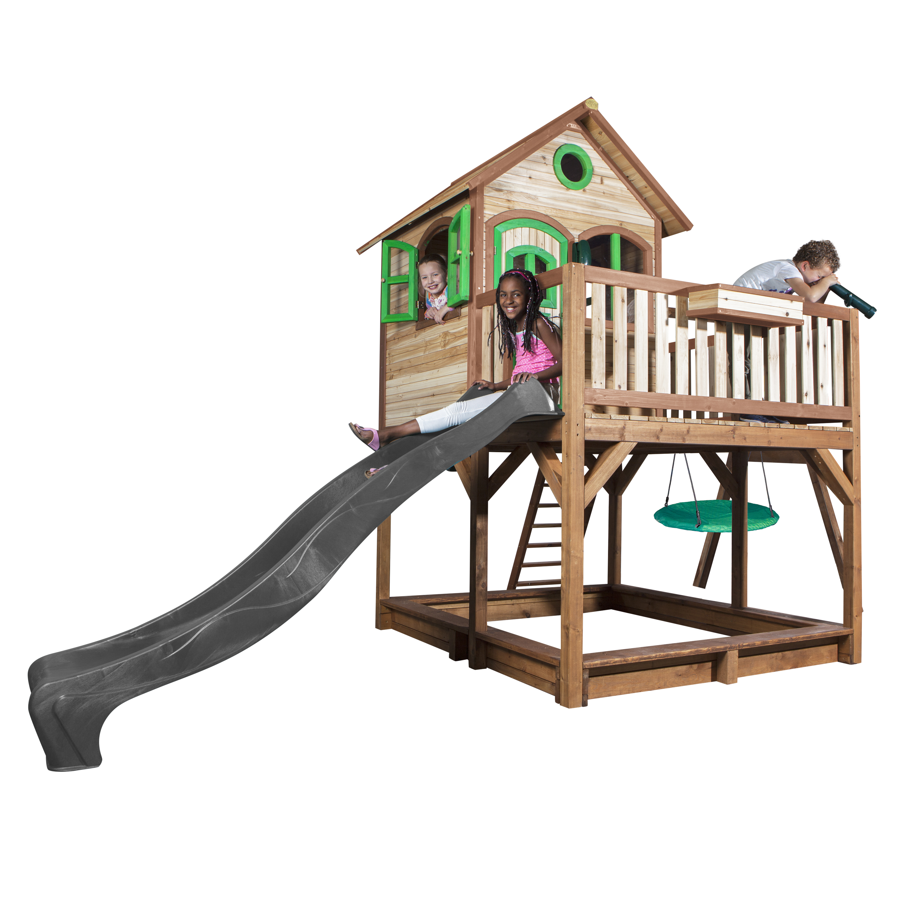 AXI Liam Playhouse with Summer Nest Swing Set Brown/Green - Grey Slide-8717973937685 AXI Liam Playhouse with Summer Nest Swing Set Brown/Green - Grey Slide