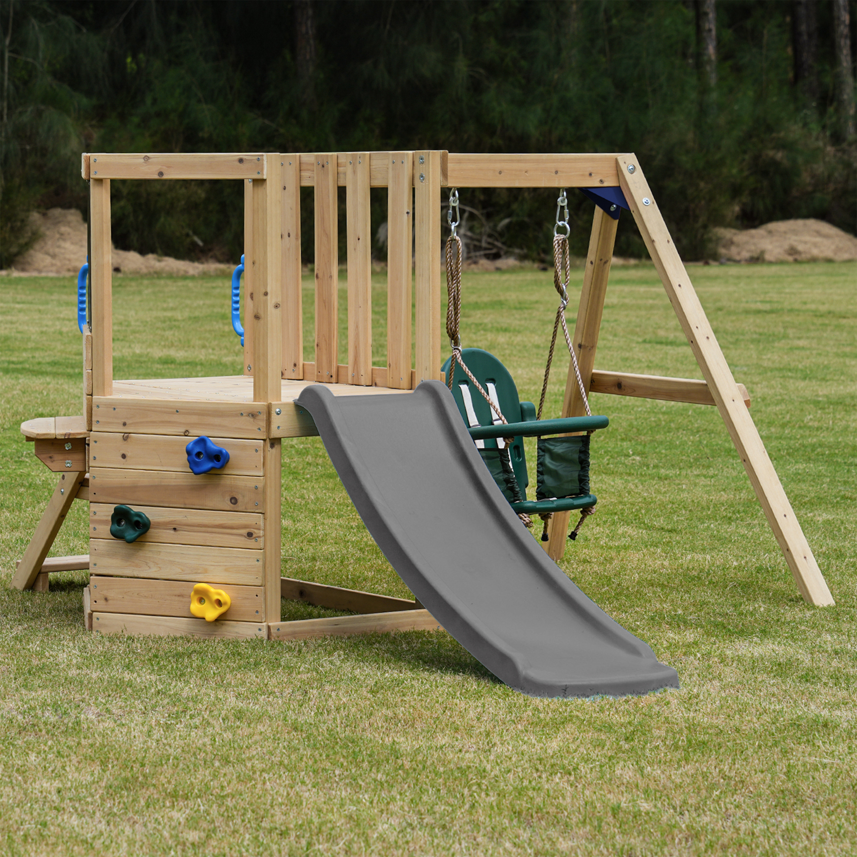 AXI Timo Mini Climbing Frame with Baby Swing. Climbing Wall and Chalkboard – Grey Slide