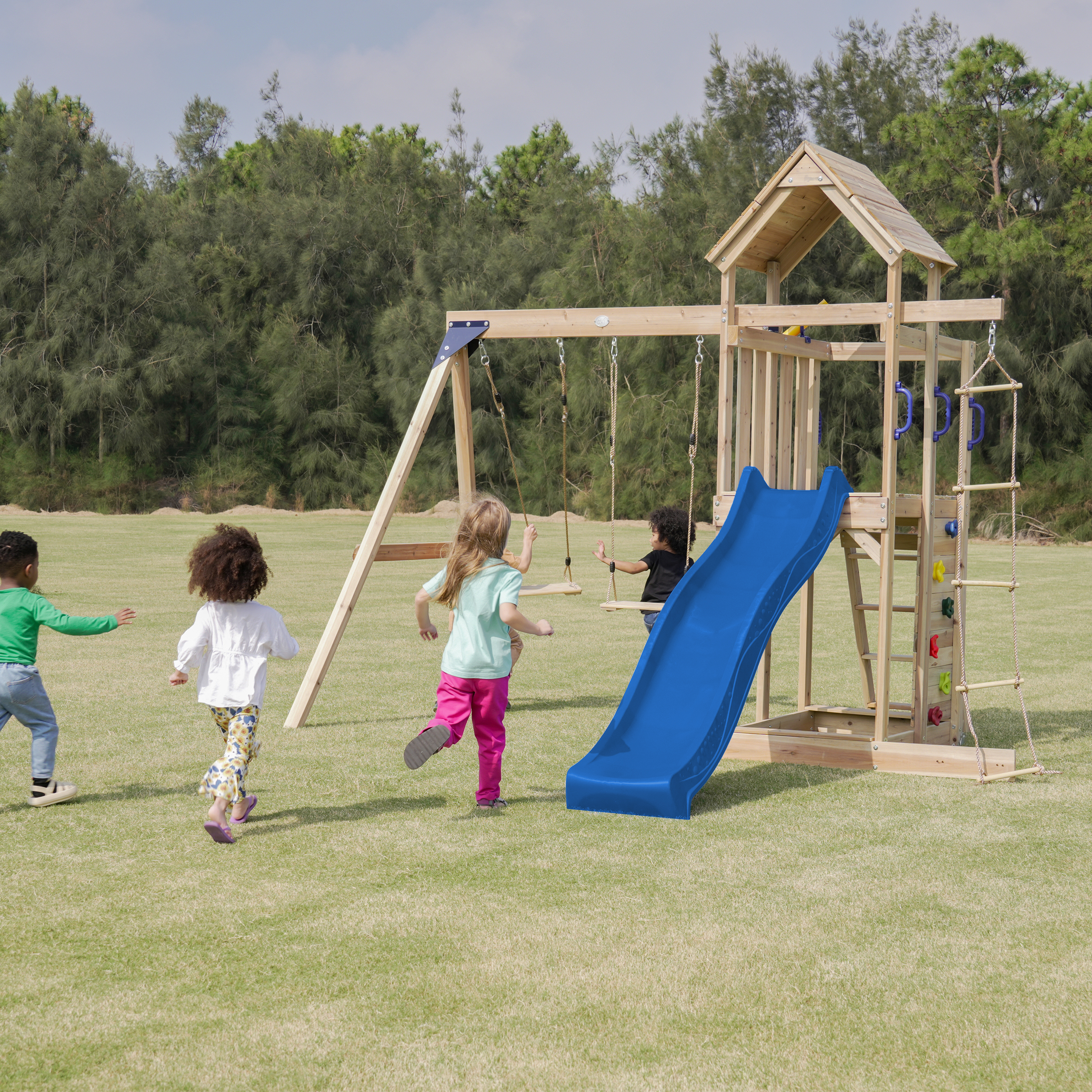 AXI Moos Play Set with Double Swing and Rope Ladder Brown - Blue Slide -8720365062100 AXI Moos Play Set with Double Swing and Rope Ladder Brown - Blue Slide