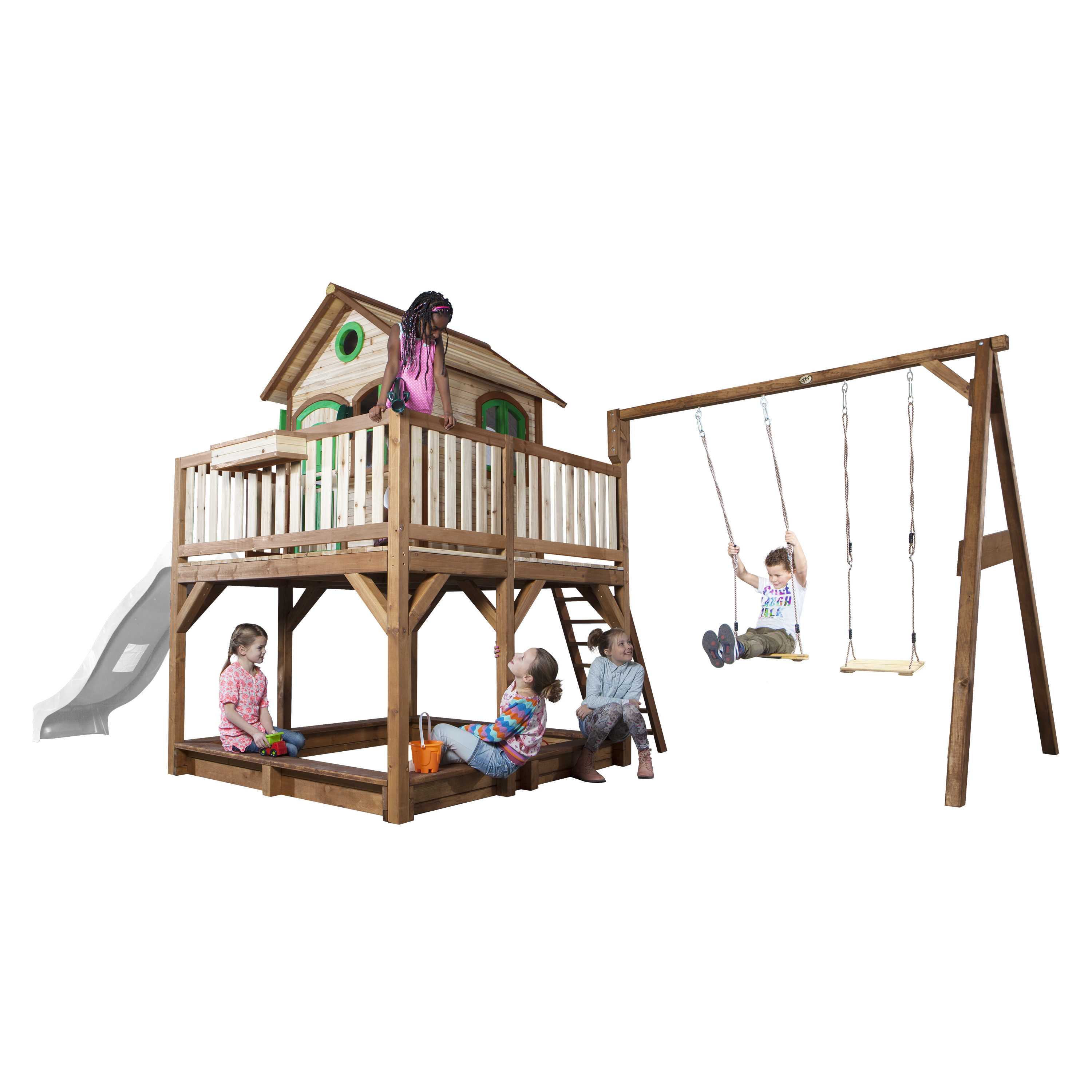 AXI Liam Playhouse with Double Swing Set Brown/Green - White Slide-8717973937838 AXI Liam Playhouse with Double Swing Set Brown/Green - White Slide