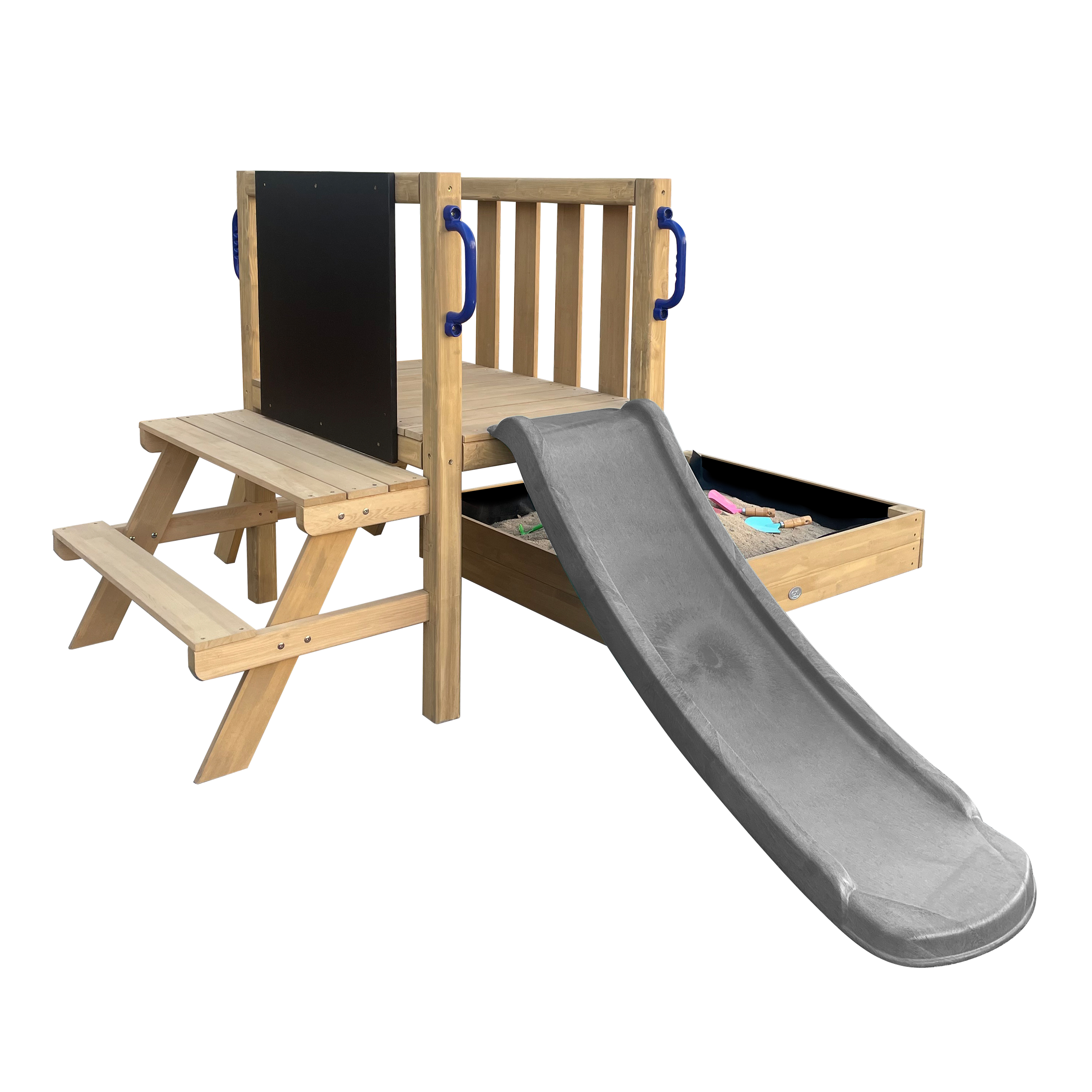 AXI Leah Mini Wooden Playtower with Sandbox. Picnic Table & Chalkboard –  Grey Slide