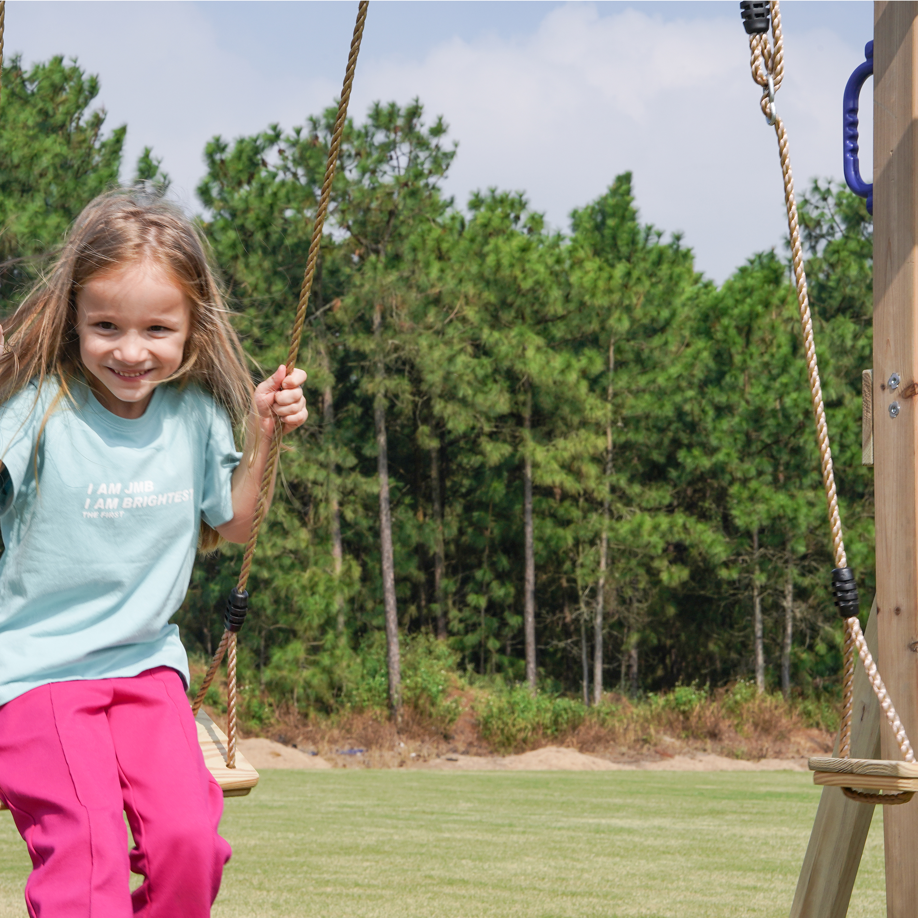 AXI Moos Play Set with Double Swing and Rope Ladder Brown - Blue Slide -8720365062100 AXI Moos Play Set with Double Swing and Rope Ladder Brown - Blue Slide