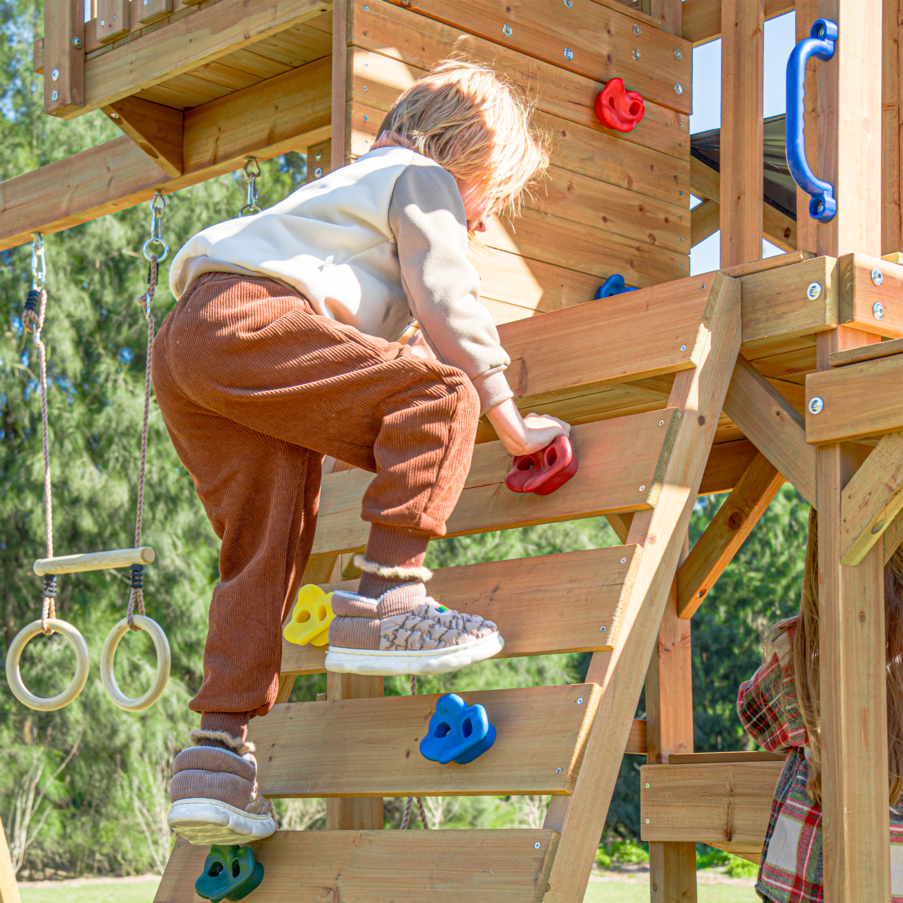 AXI Mitch Climbing Frame with Double Swing. Trapeze and Lookout Tower – Grey Slide