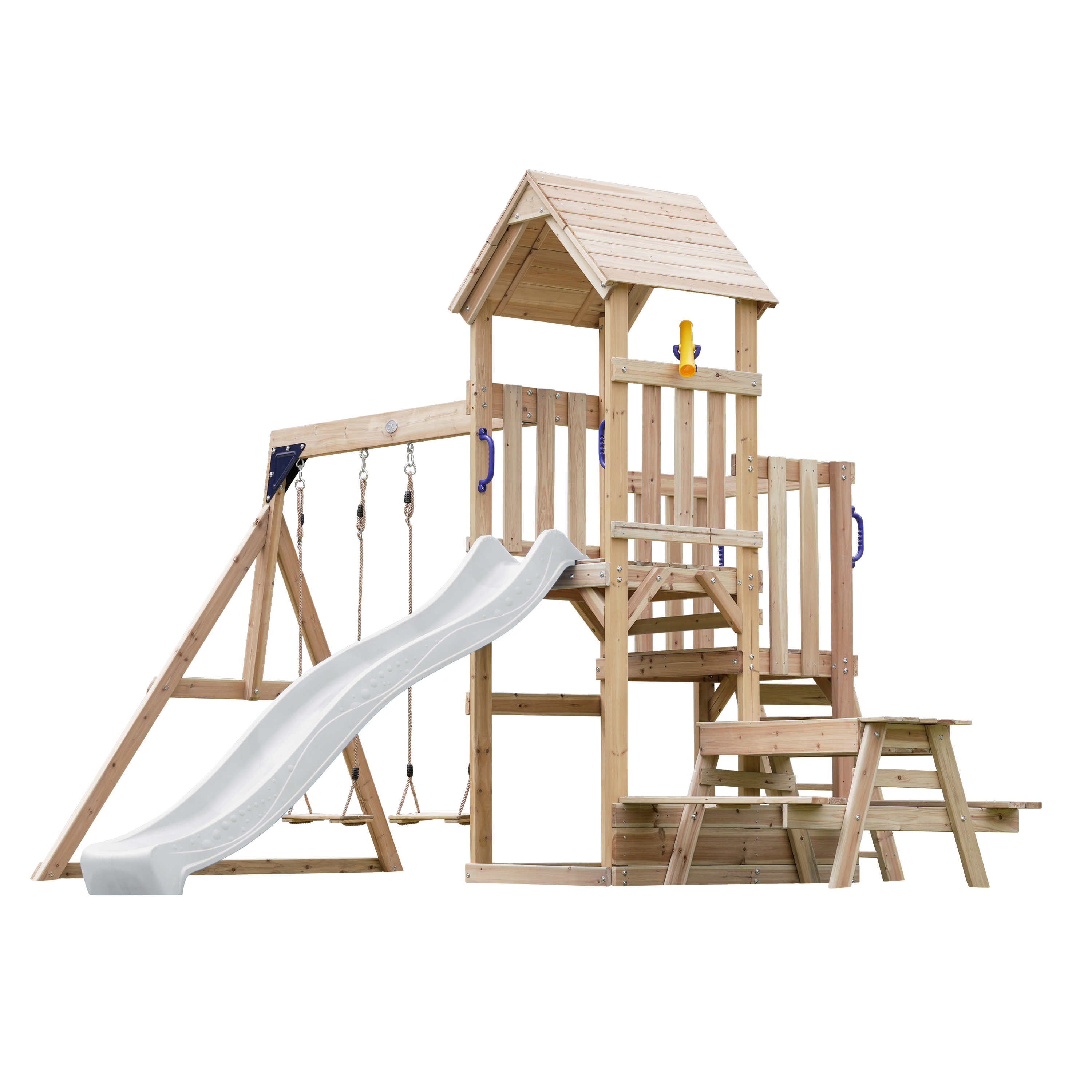 AXI Mette Climbing Frame with Double Swing Set and Picnic Table - White Slide