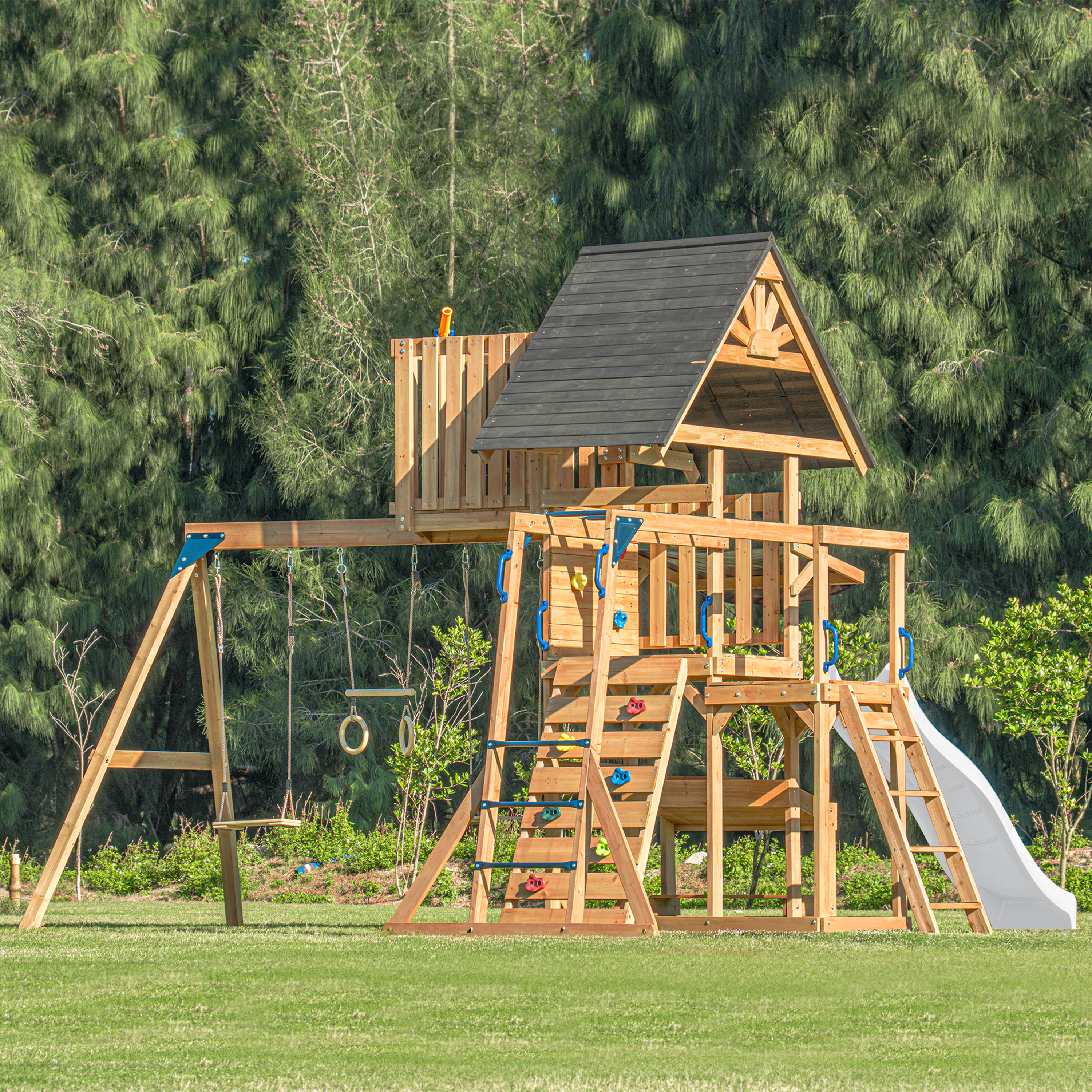 AXI Mitch Climbing Frame with Double Swing. Trapeze and Lookout Tower – White Slide