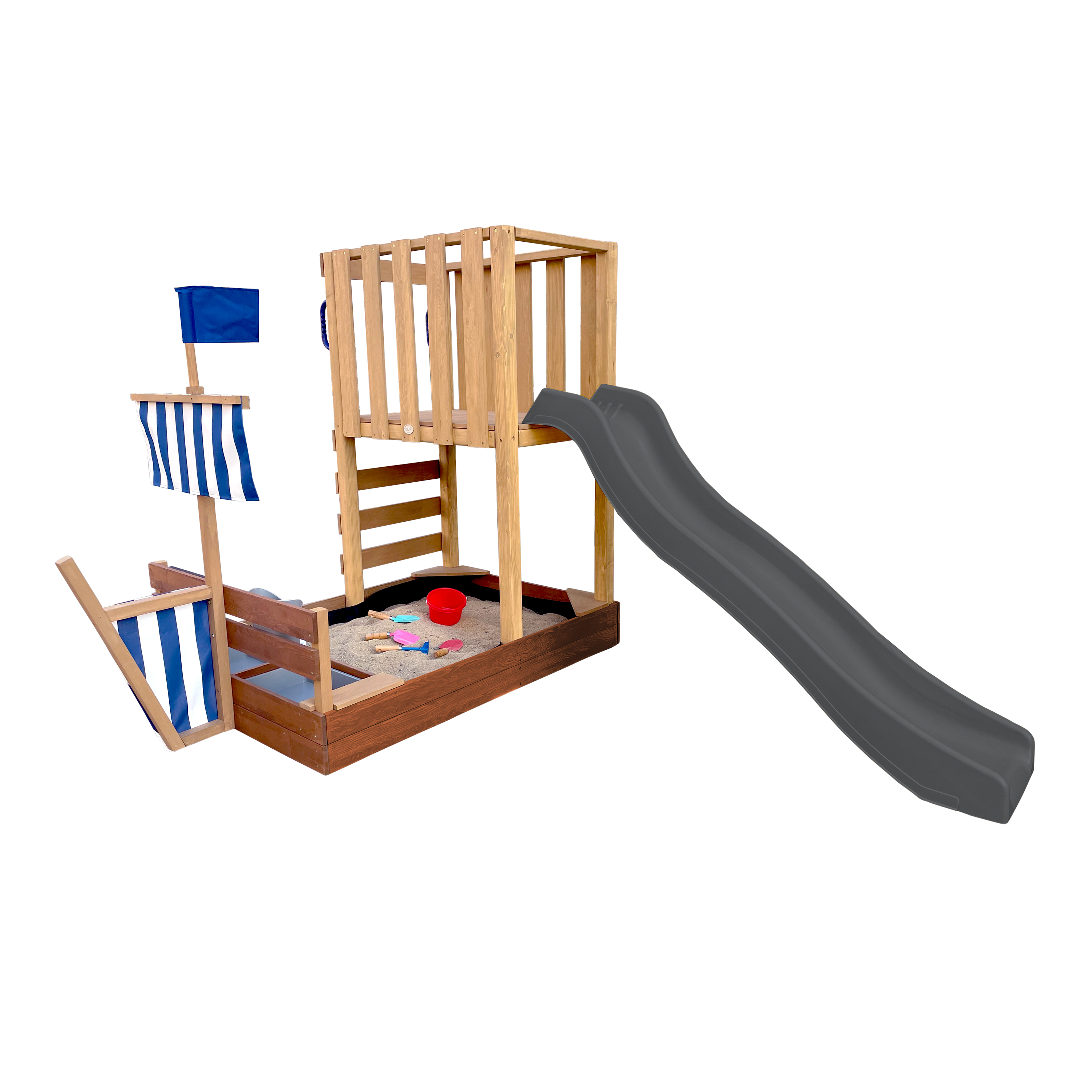 AXI Vicky Climbing Frame with Sandbox. Play Kitchen & Chalkboard – Grey Slide