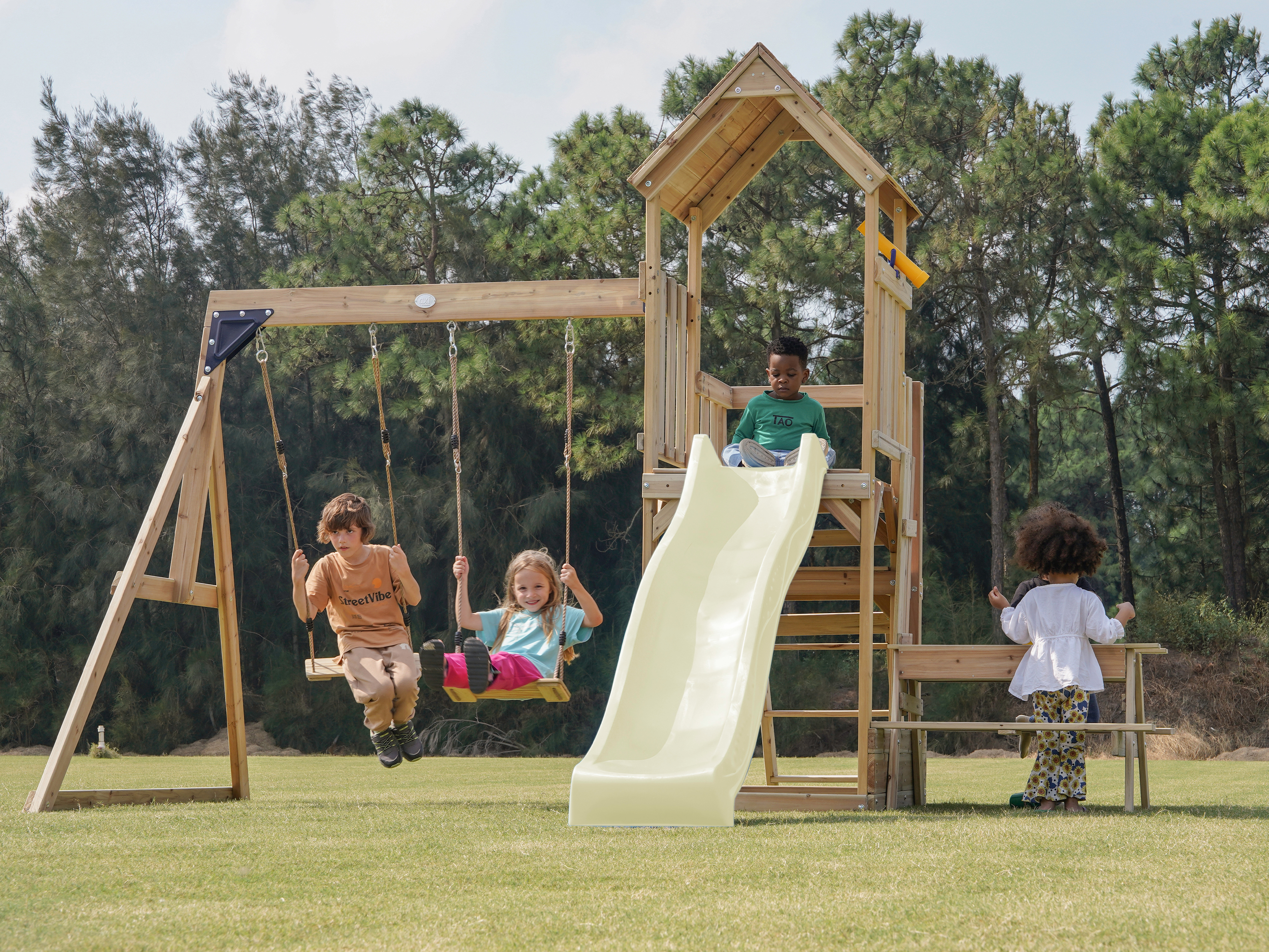 AXI Mette Climbing Frame with Double Swing Set and Picnic Table - Cream Slide