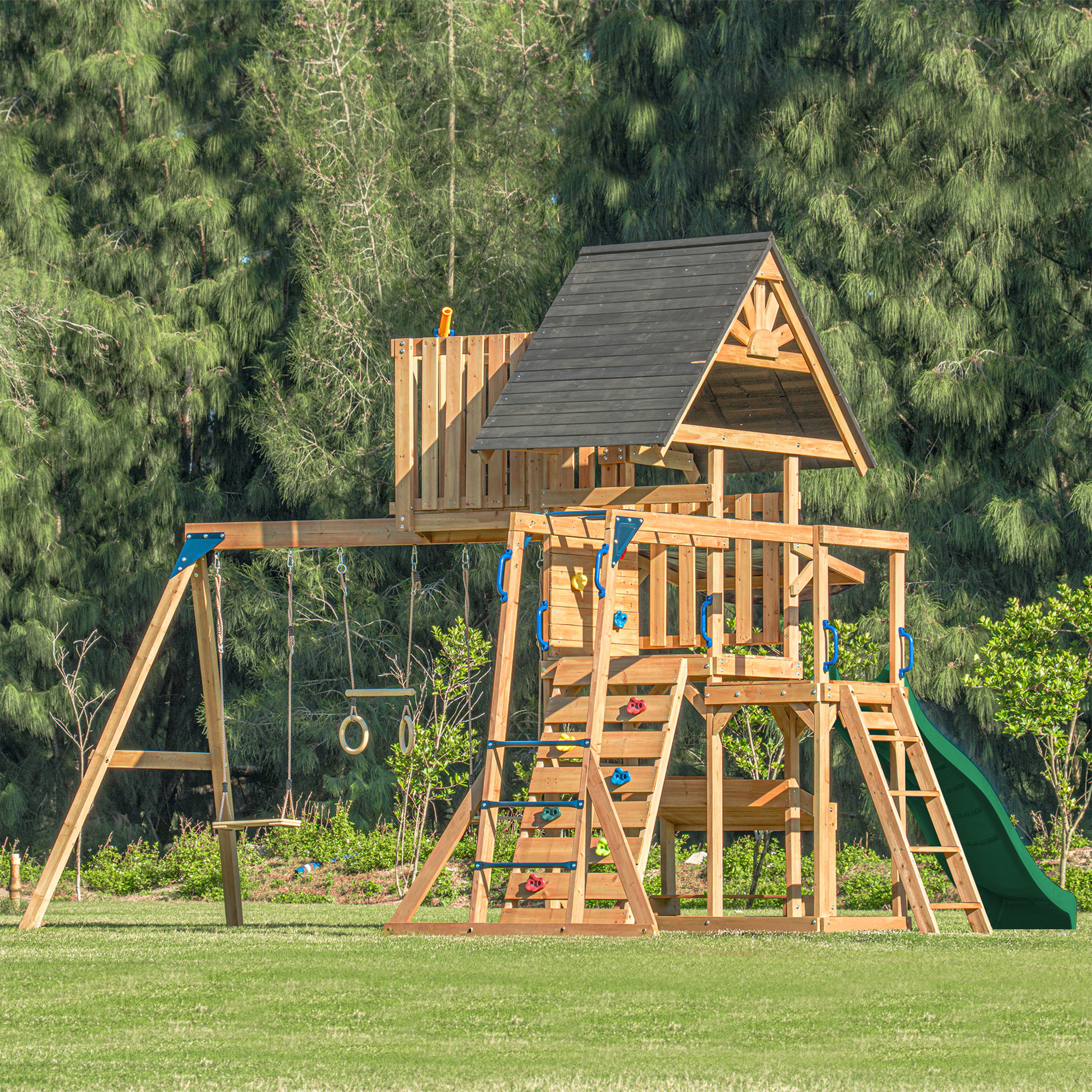 AXI Mitch Climbing Frame with Double Swing. Trapeze and Lookout Tower – Green Slide