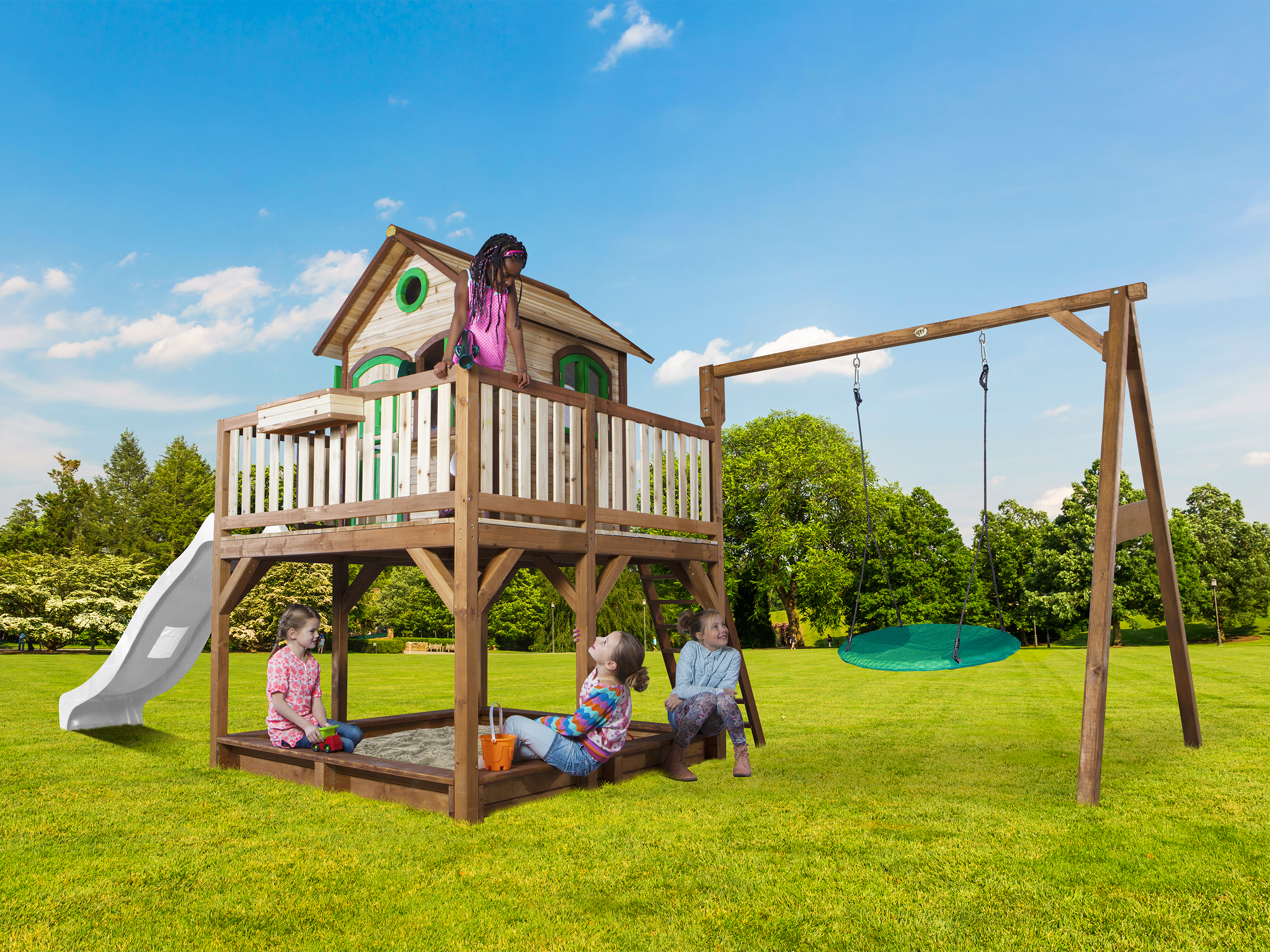 AXI Liam Playhouse with Summer Nest Swing Set Brown/Green - White Slide