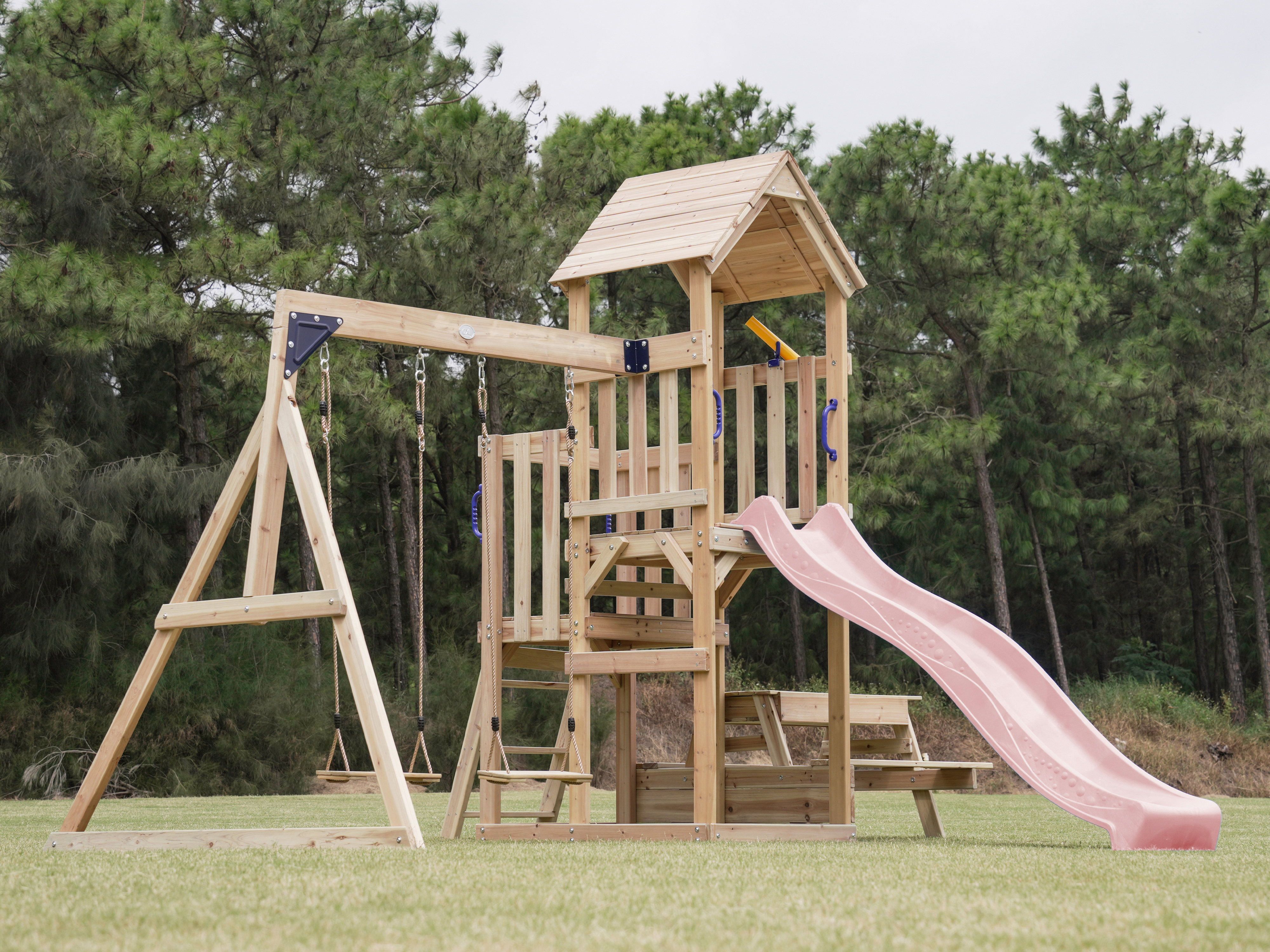 AXI Mette Climbing Frame with Double Swing Set and Picnic Table - Pastel Pink Slide