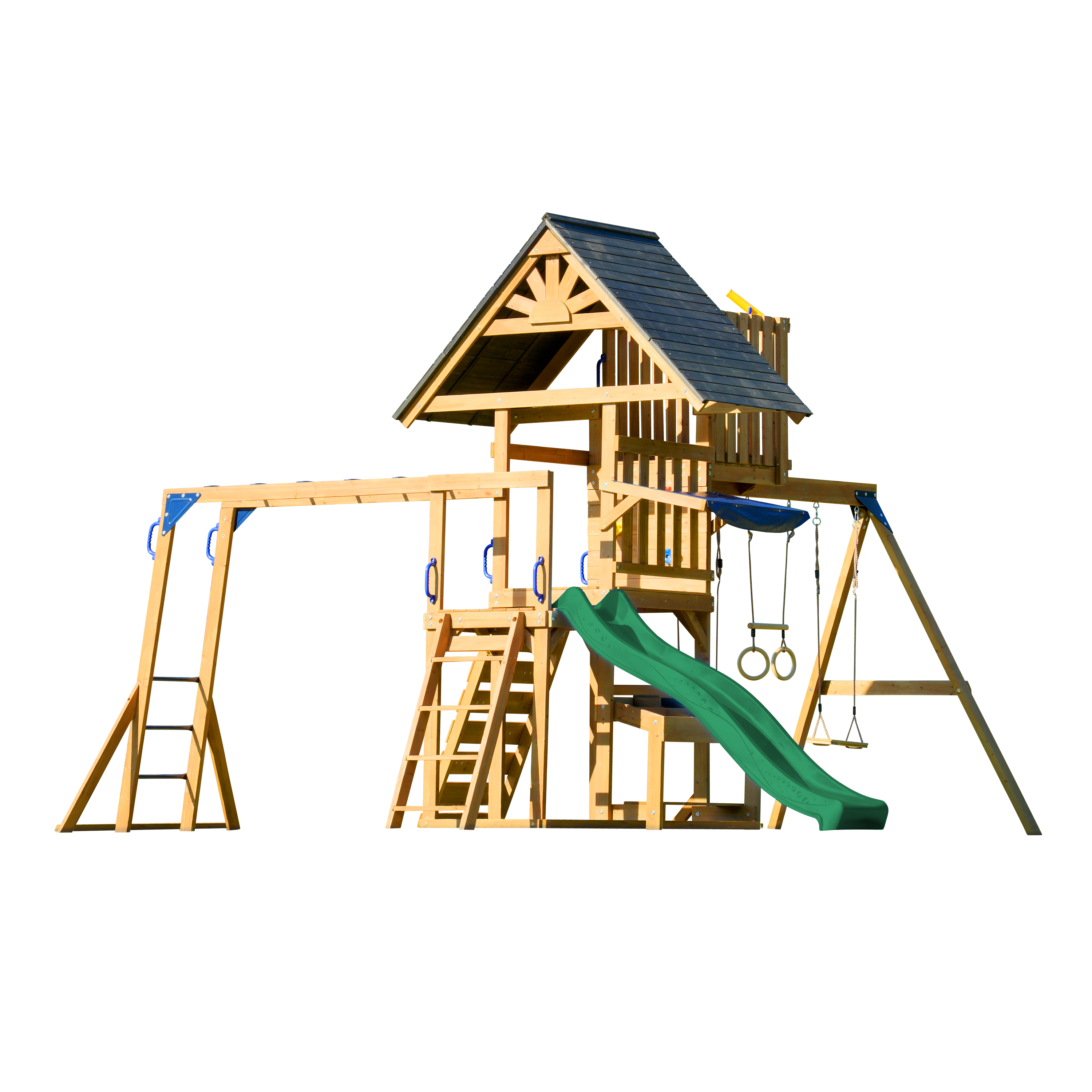 AXI Mitch Climbing Frame with Double Swing. Trapeze and Lookout Tower – Green Slide
