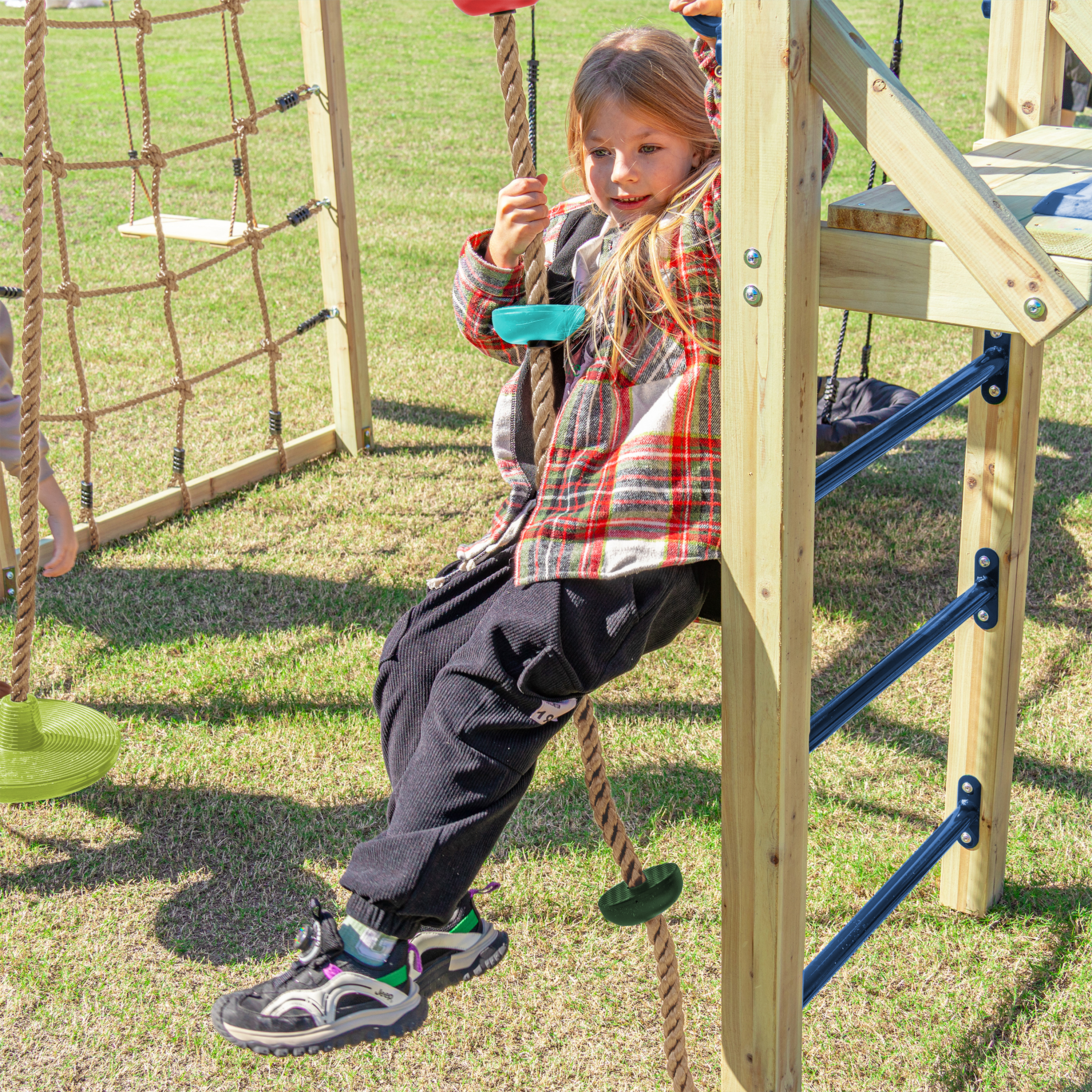 AXI Boris Wooden Playcentre with Swings. Trapeze. Climbing Nets and Monkey Bars – Red Slide
