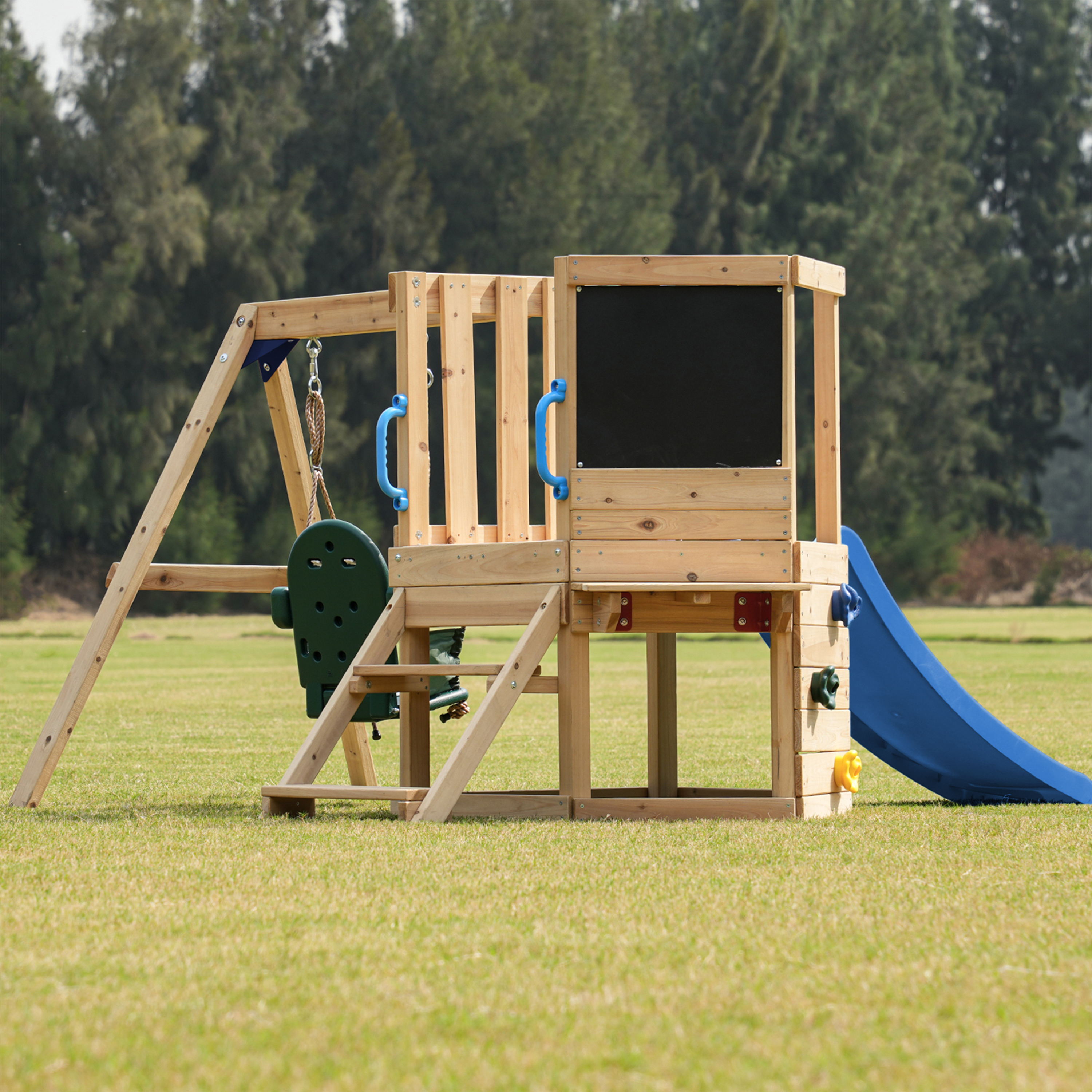 AXI Timo Mini Climbing Frame with Baby Swing. Climbing Wall and Chalkboard – Blue Slide