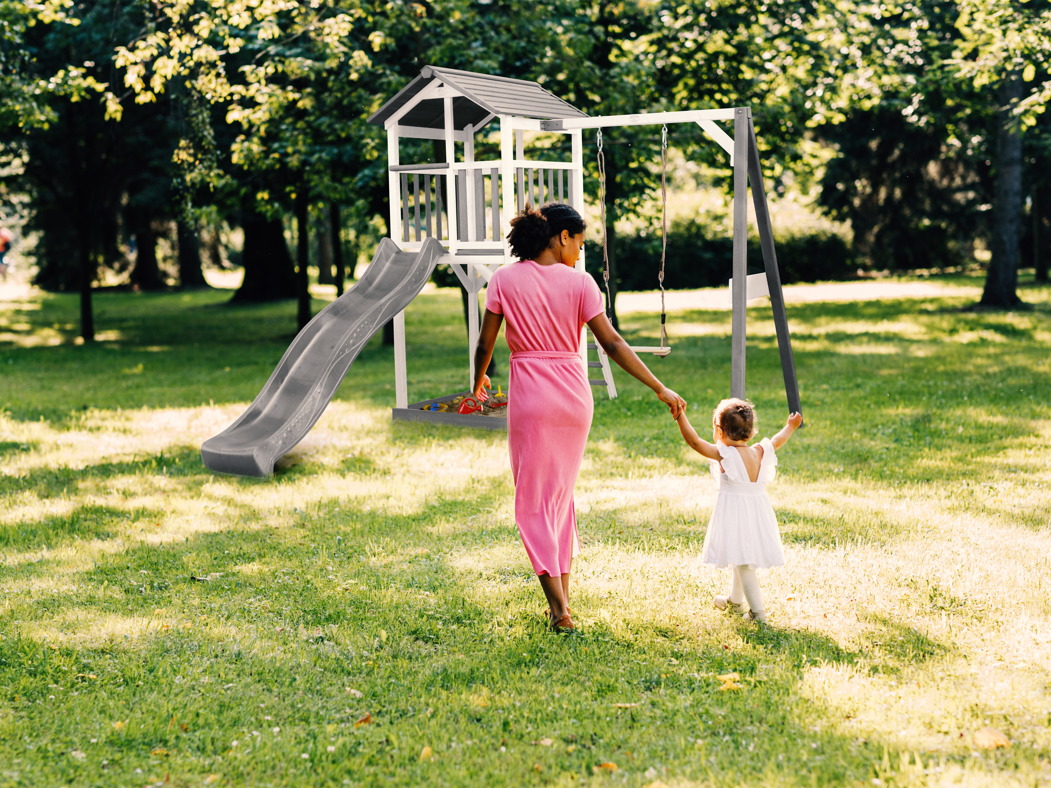 AXI Beach Tower with Single Swing Set Grey/White - Grey Slide