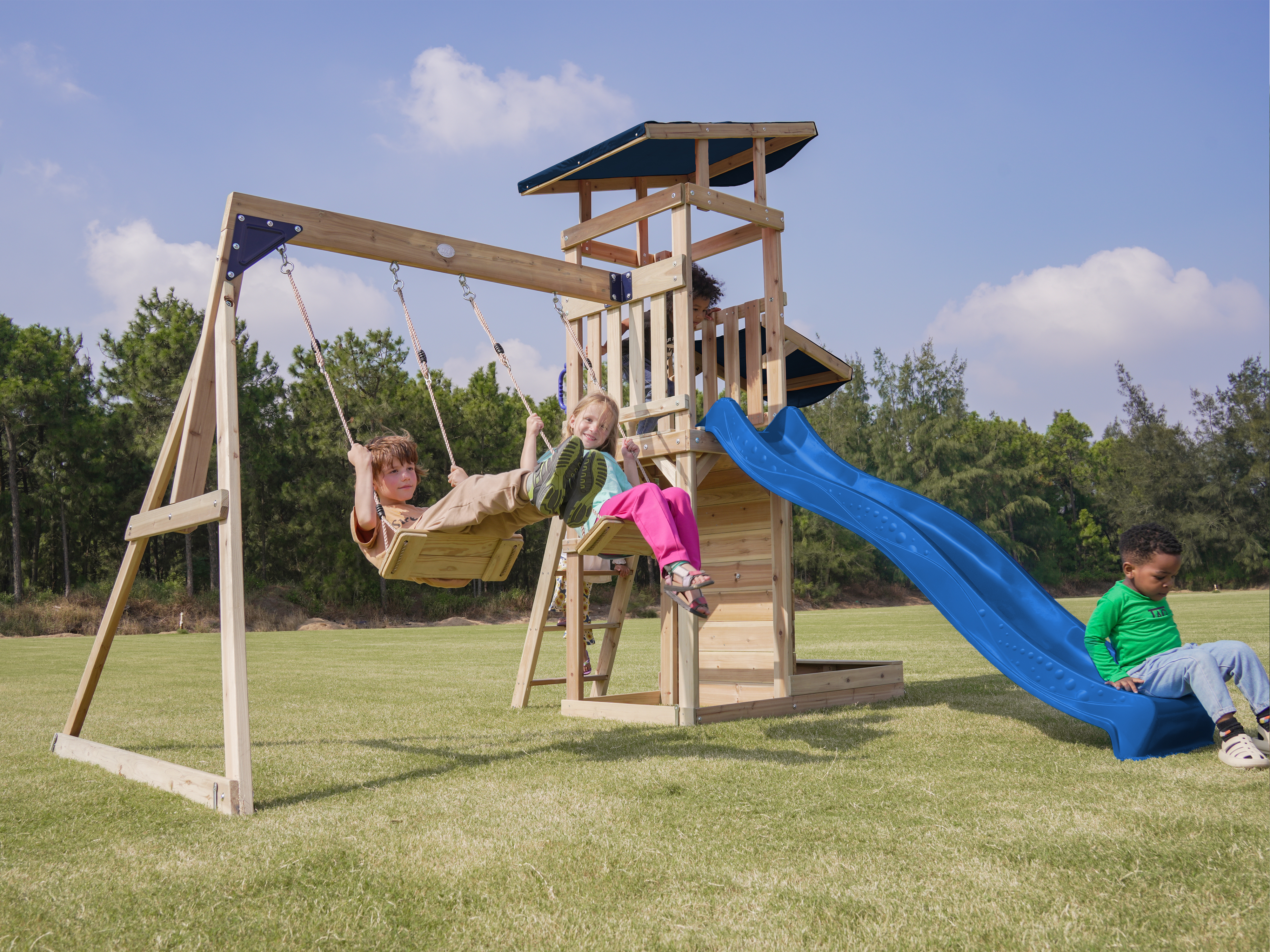 AXI Malik Climbing Frame with Double Swing Set - Blue Slide