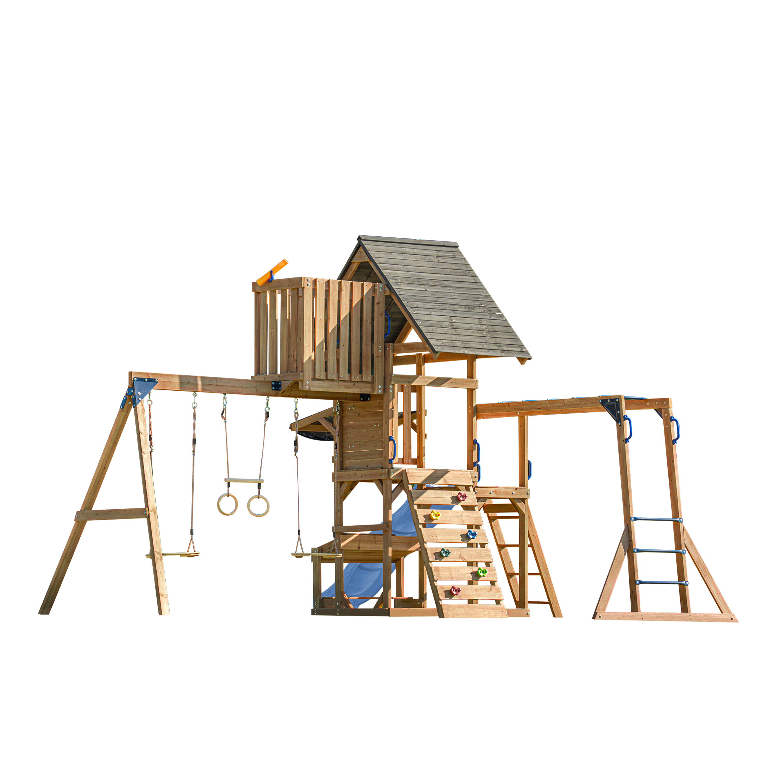 AXI Mitch Climbing Frame with Double Swing, Trapeze and Lookout Tower – Pastel Blue Slide