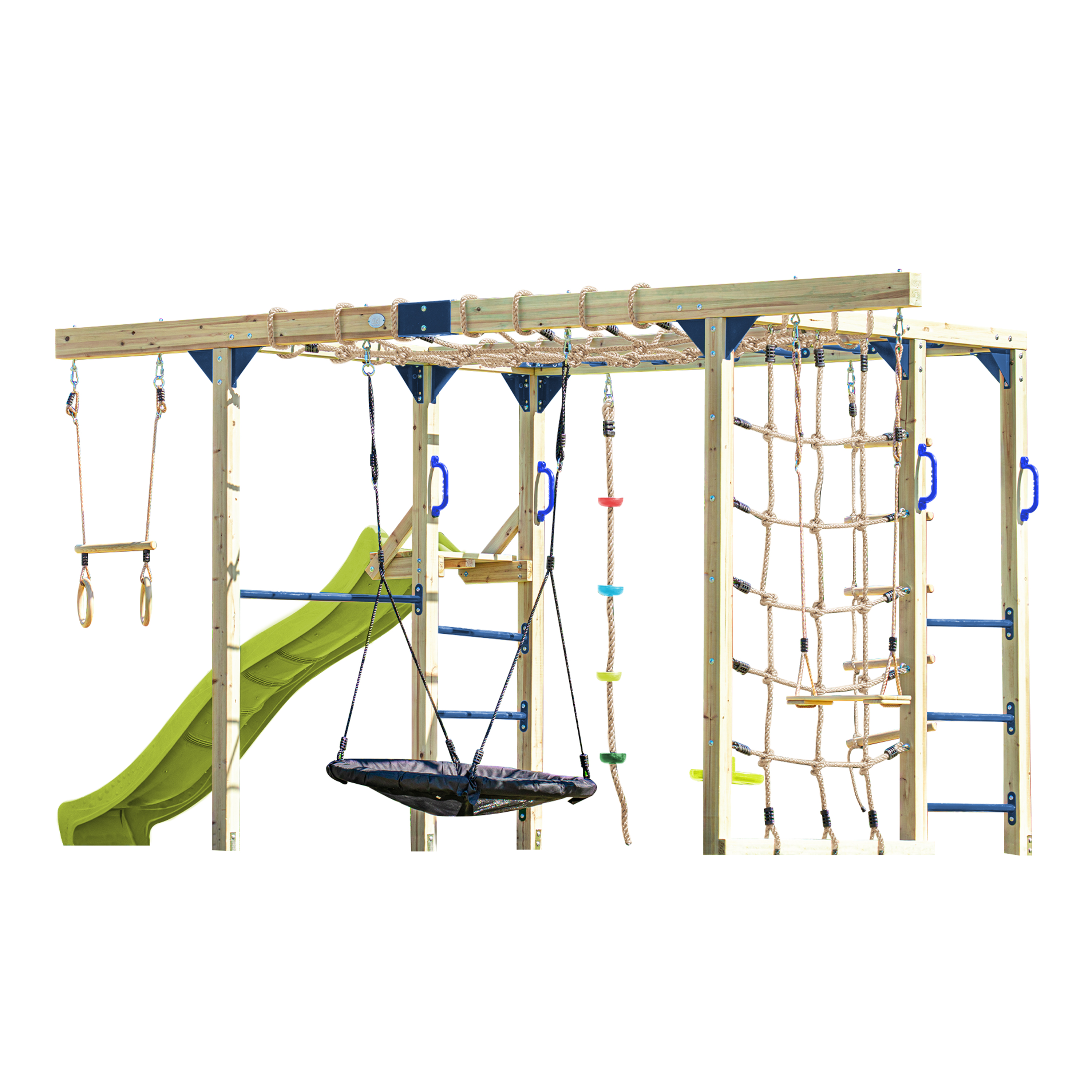 AXI Boris Wooden Playcentre with Swings, Trapeze, Climbing Nets and Monkey Bars – Lime Green Slide