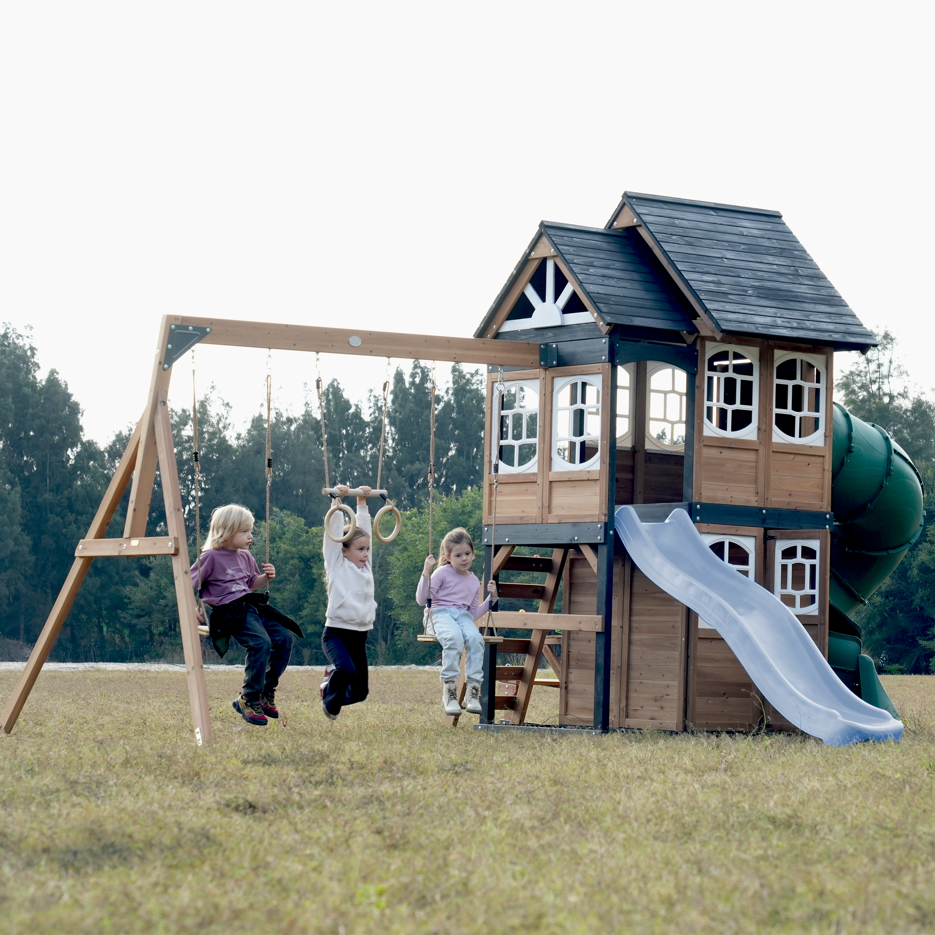 AXI Noud Climbing Frame with Playhouse, Swings, Trapeze and Climbing Wall – Pastel Blue Slide and Tube Slide