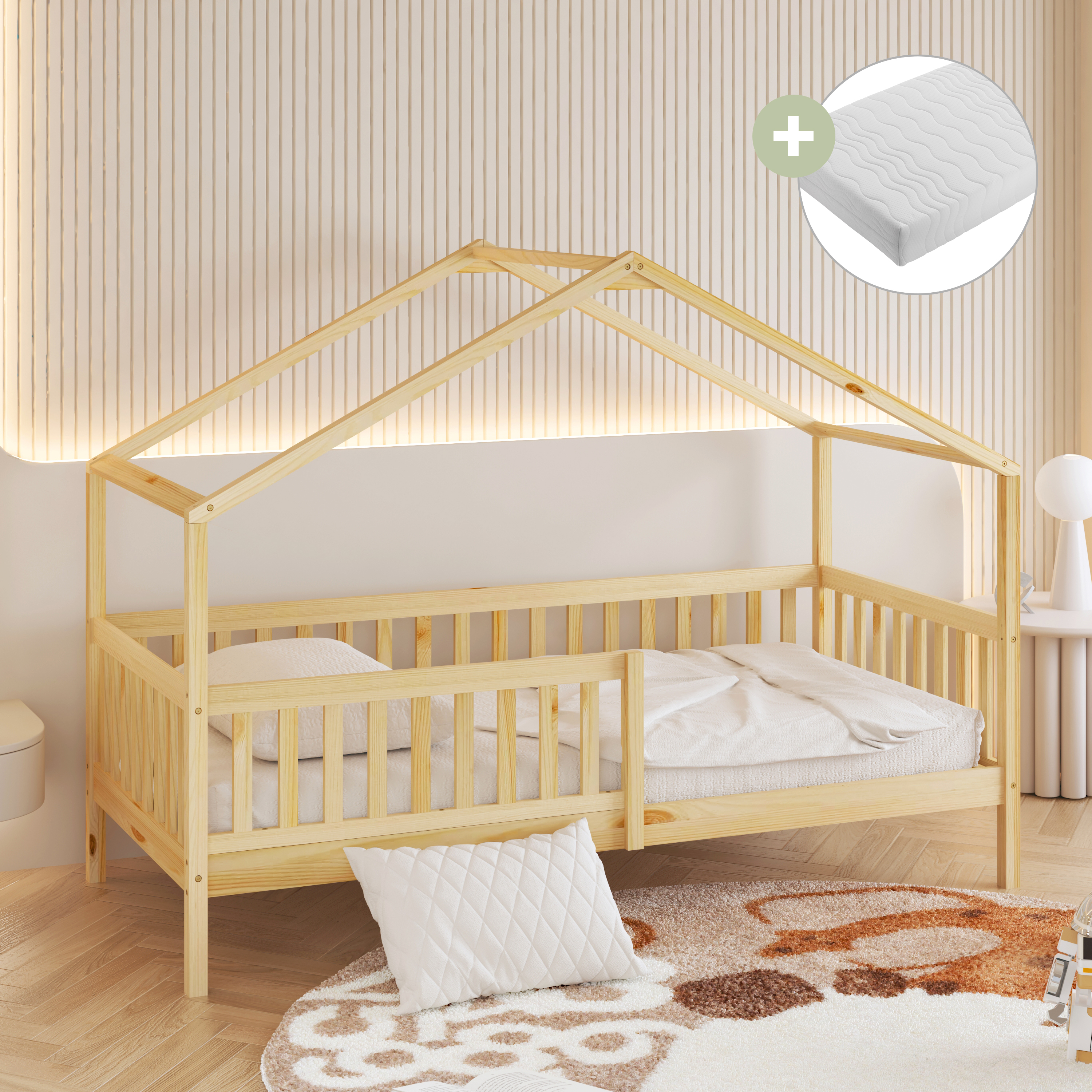 Sunny Kae House Bed with Guardrail Natural – With Mattress
