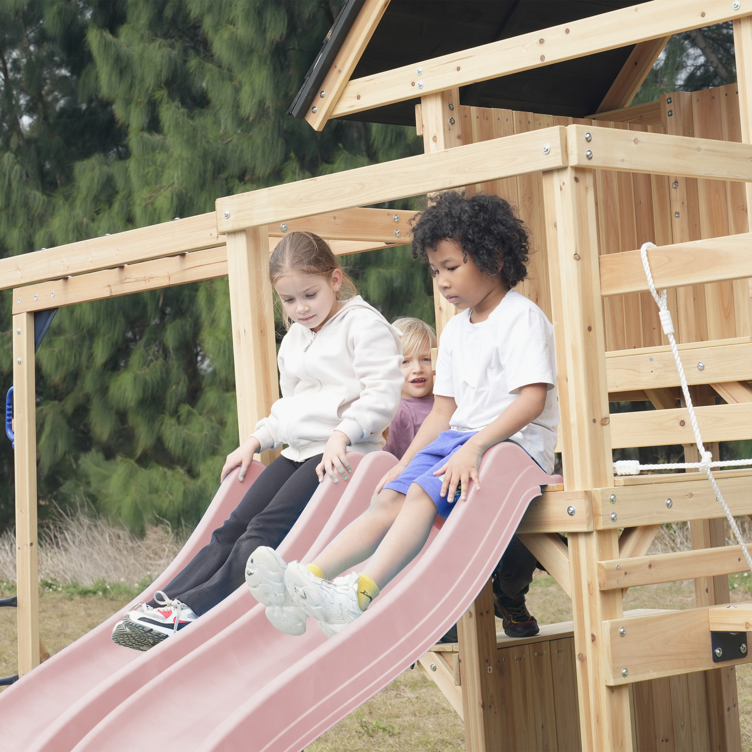 AXI Hunter Climbing Frame with Swings, Climbing Frame, Climbing Bridge and Multiple Platforms – Pastel Pink Double Slide