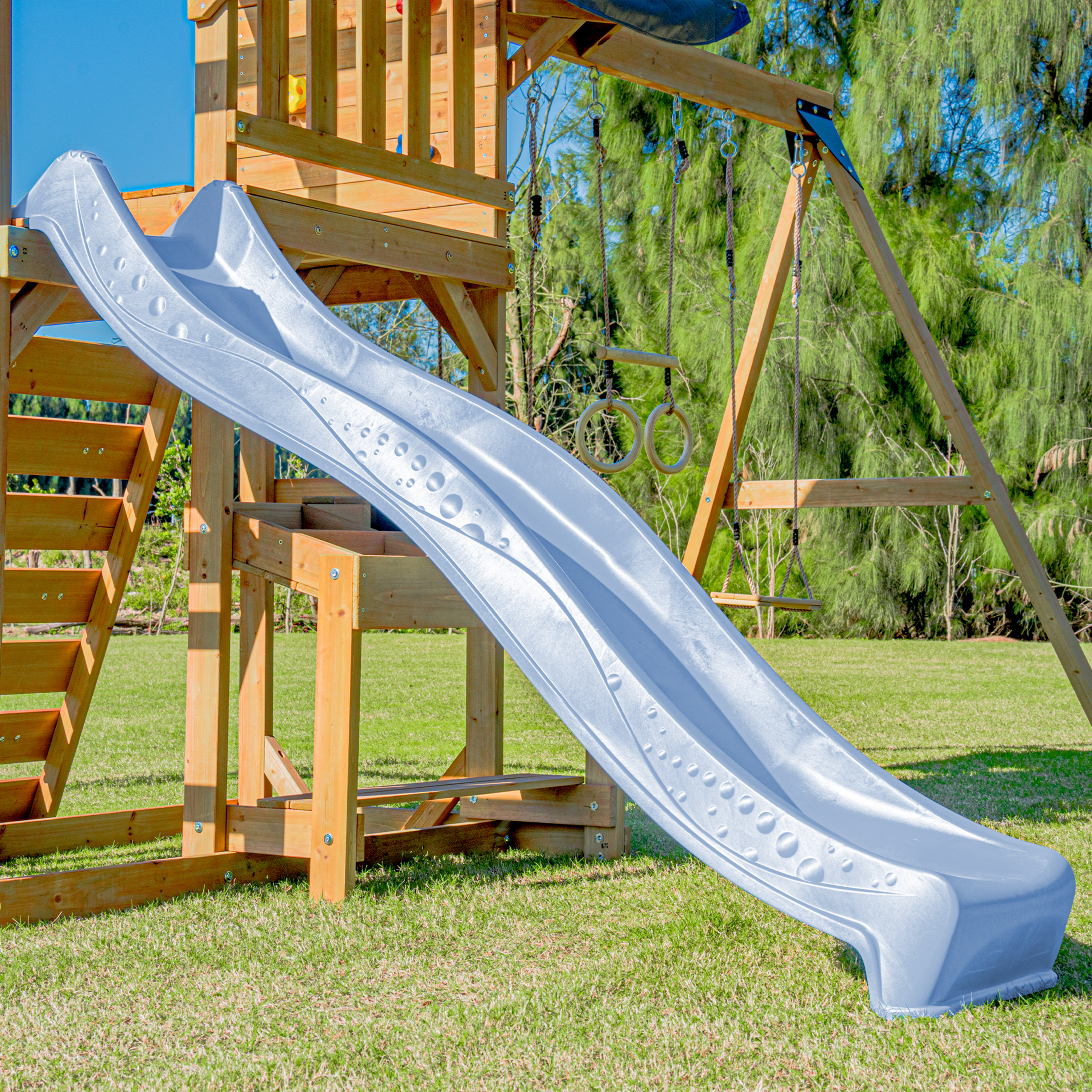 AXI Mitch Climbing Frame with Double Swing, Trapeze and Lookout Tower – Pastel Blue Slide