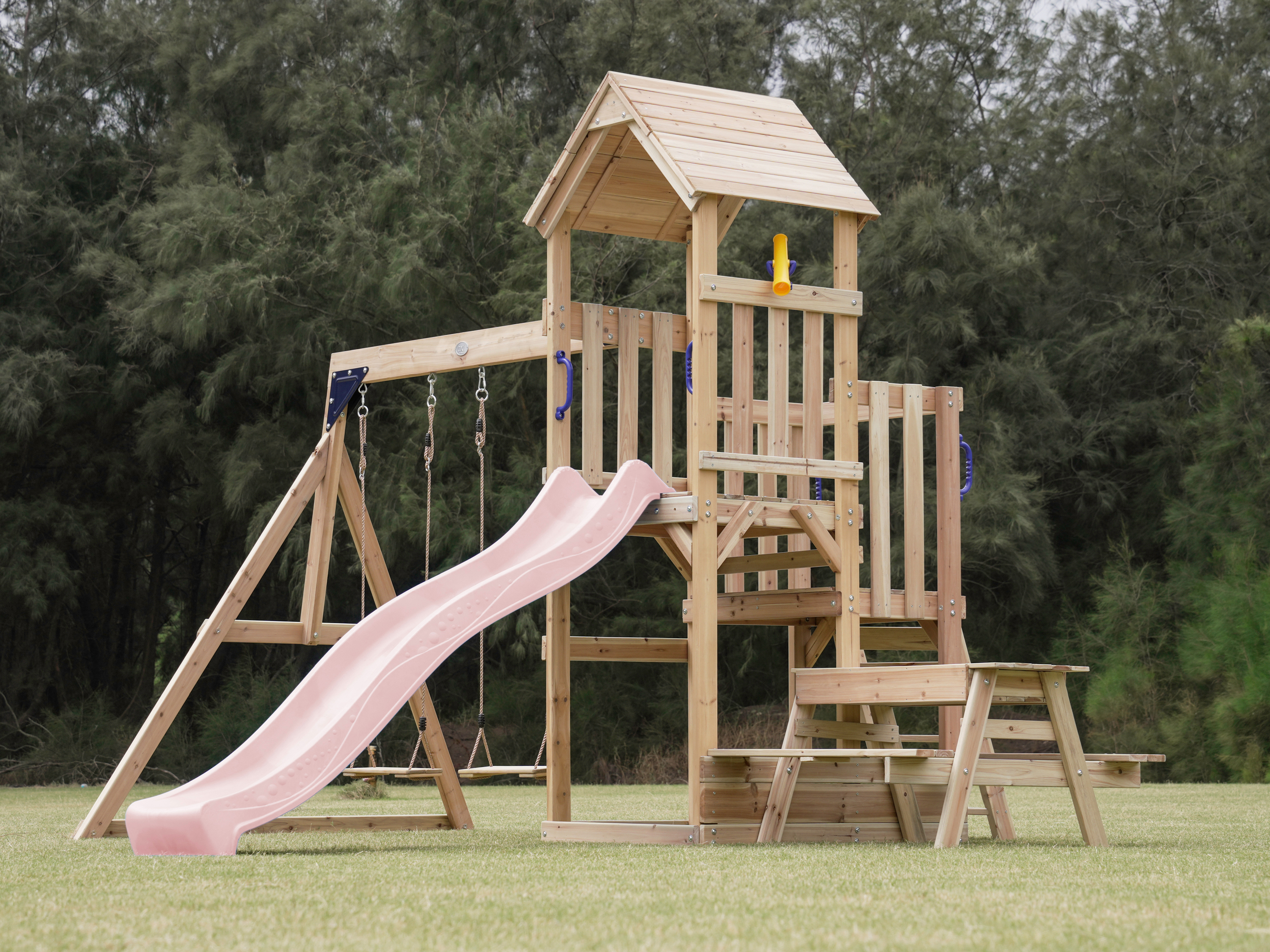 AXI Mette Climbing Frame with Double Swing Set and Picnic Table - Pastel Pink Slide