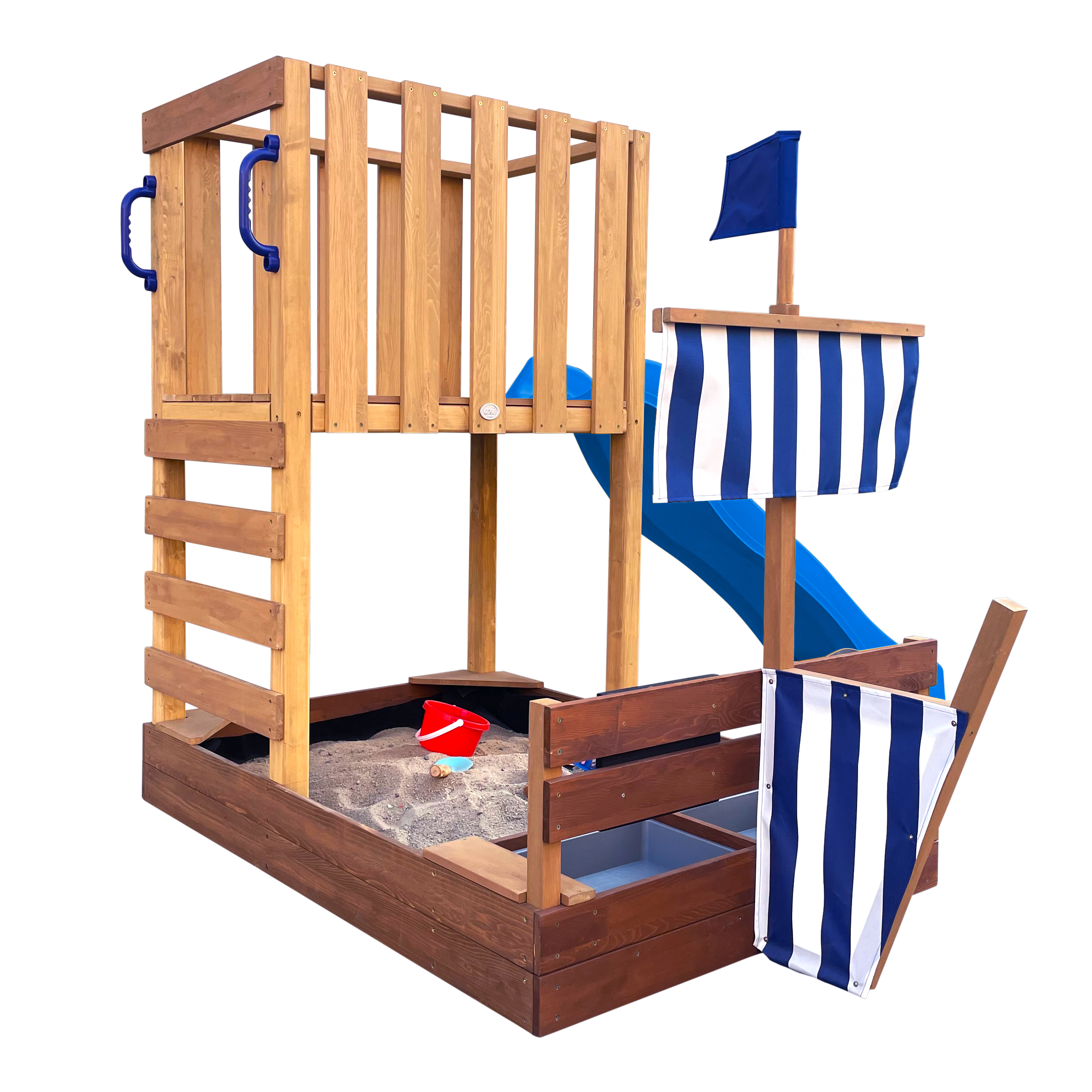 AXI Vicky Climbing Frame with Sandbox. Play Kitchen & Chalkboard – Blue Slide