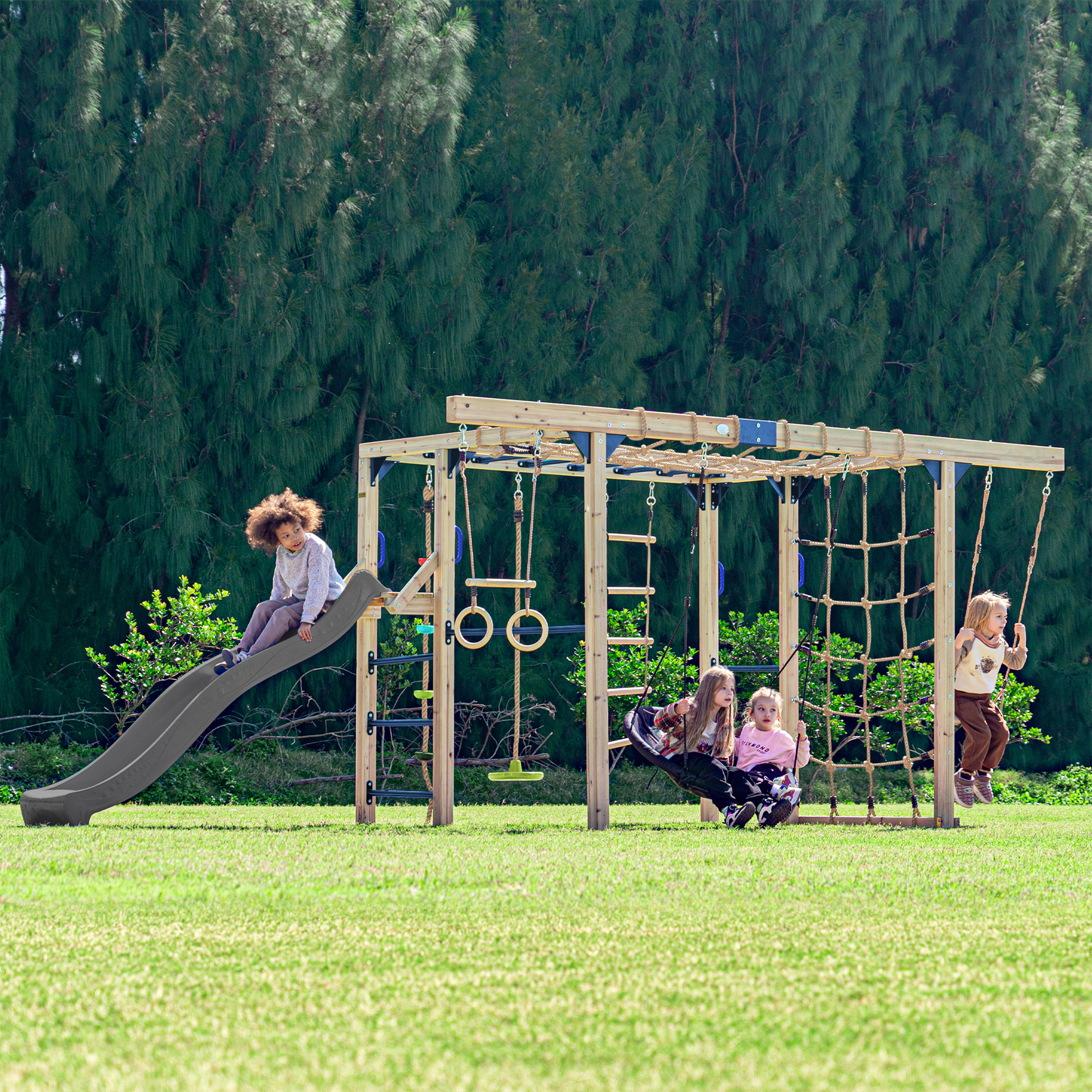 AXI Boris Wooden Playcentre with Swings, Trapeze, Climbing Nets and Monkey Bars – Grey Slide