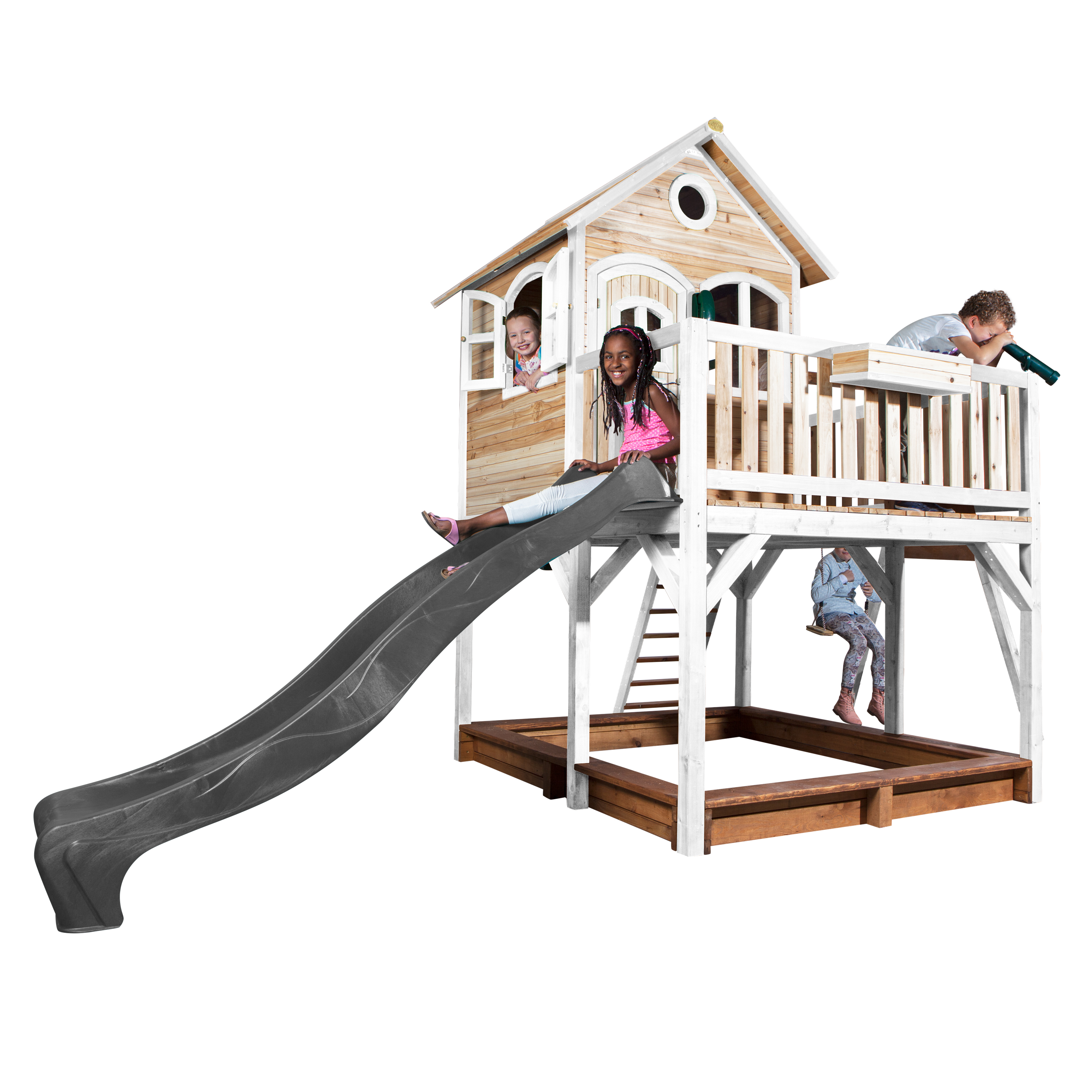 AXI Liam Playhouse with Single Swing Set Brown/White - Grey Slide-8717973937500 AXI Liam Playhouse with Single Swing Set Brown/White - Grey Slide