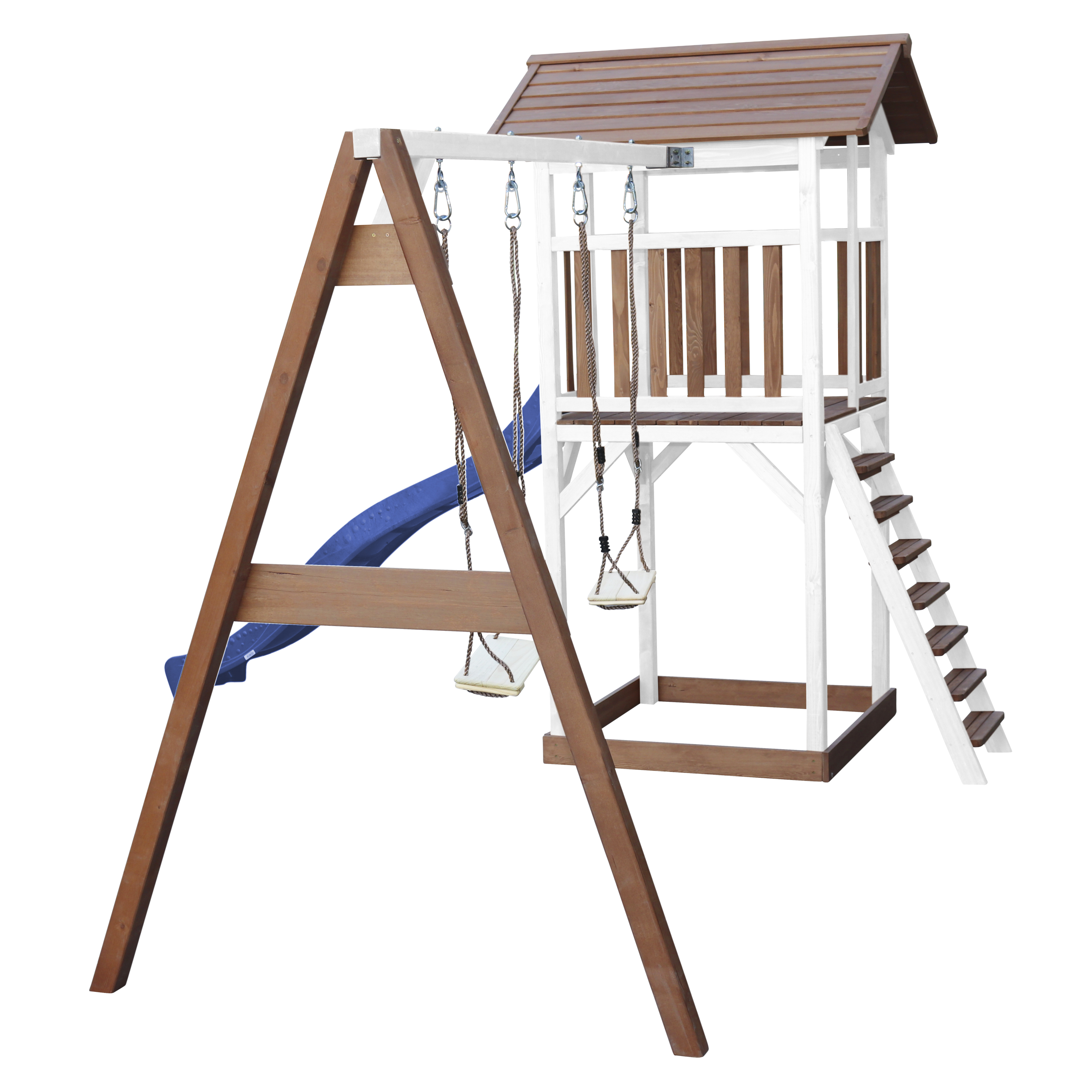 AXI Beach Tower with Double Swing Set Brown/White - Blue Slide-8717973939207 AXI Beach Tower with Double Swing Set Brown/White - Blue Slide
