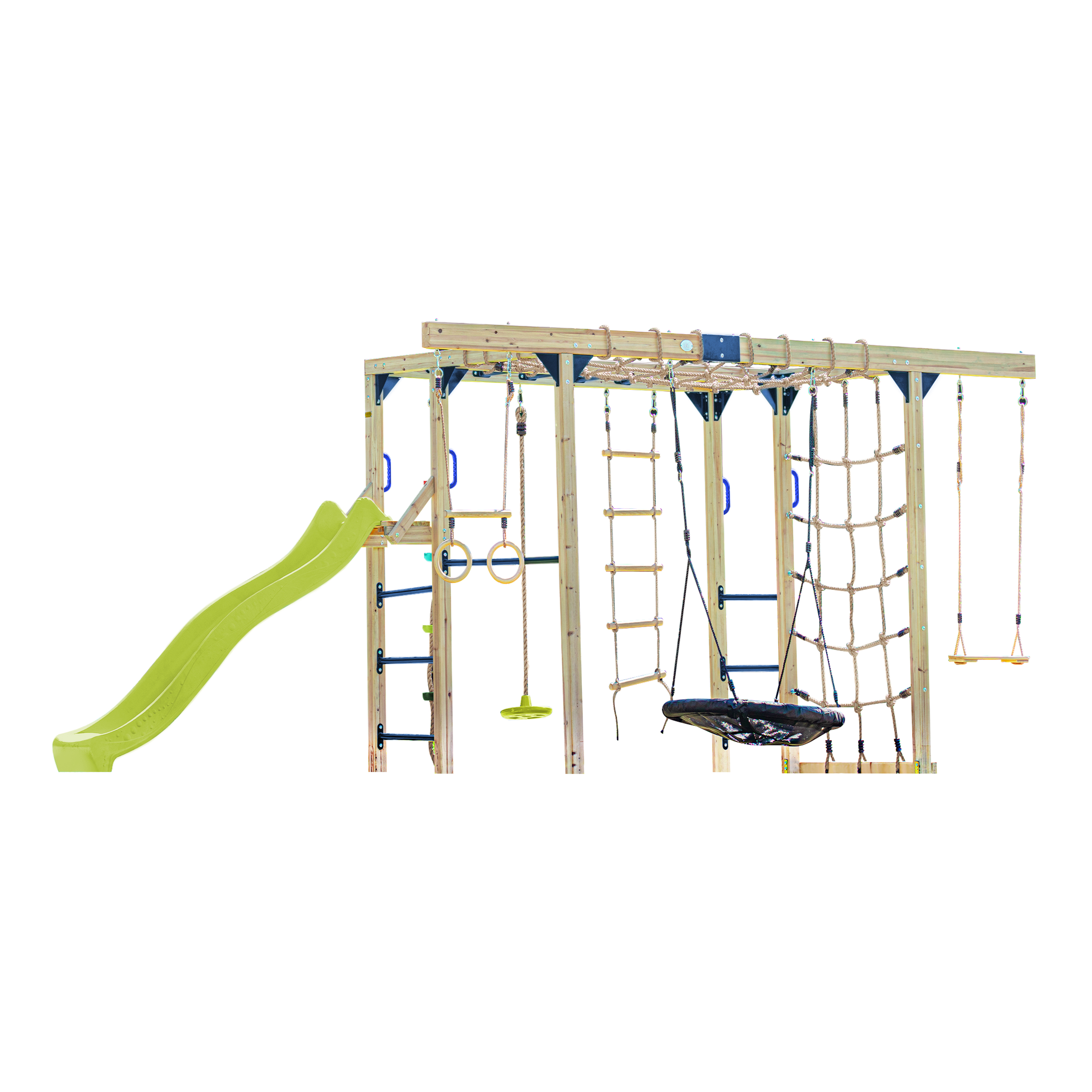 AXI Boris Wooden Playcentre with Swings. Trapeze. Climbing Nets and Monkey Bars – Lime Green Slide