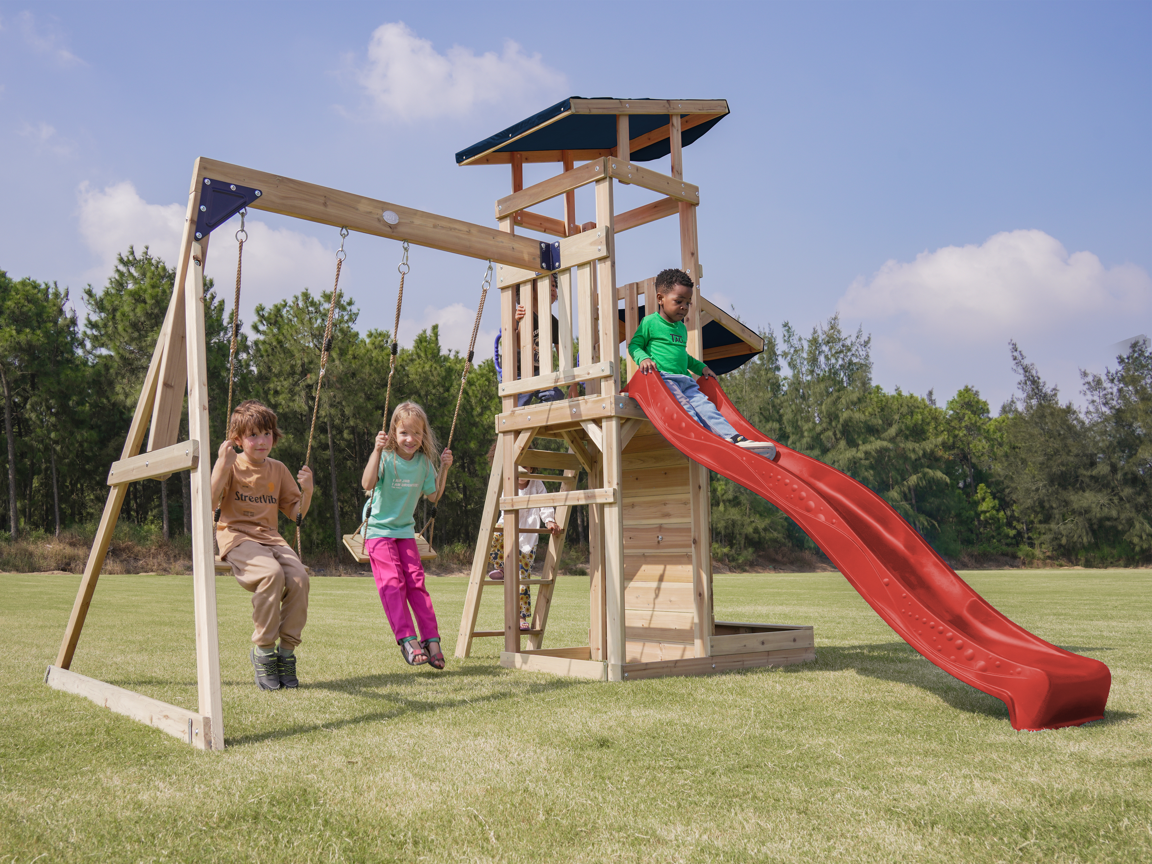 AXI Malik Climbing Frame with Double Swing Set - Red Slide