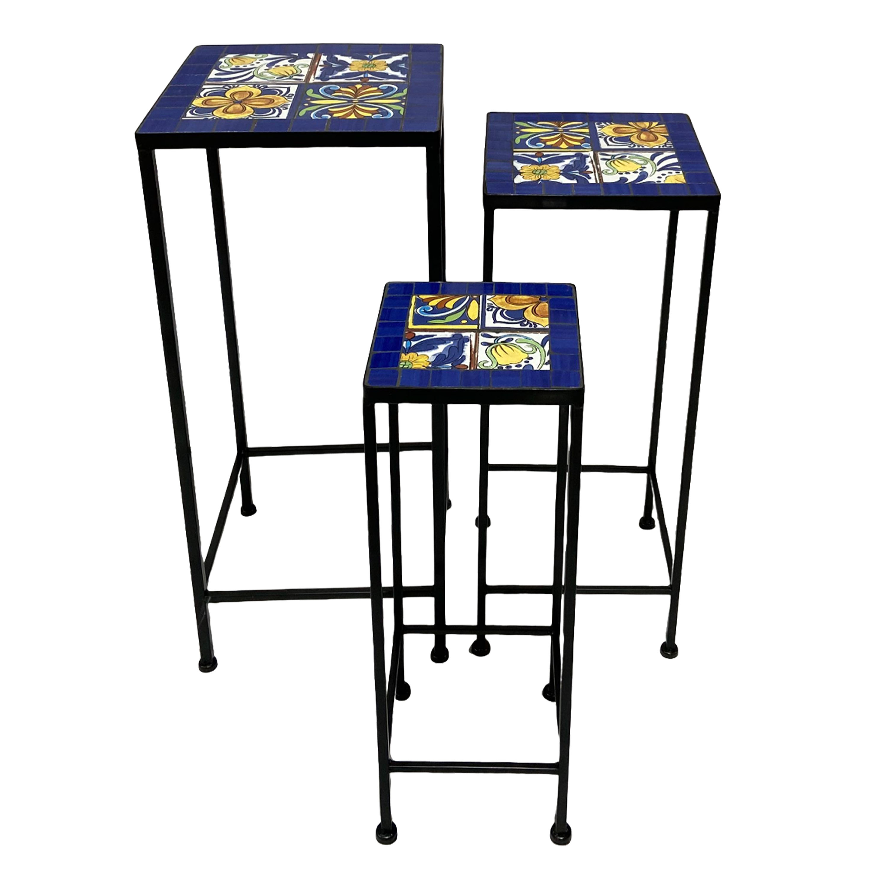 AXI Eline Mosaic Plant Table Square Mediterranean Style – Blue/Yellow – Set of 3