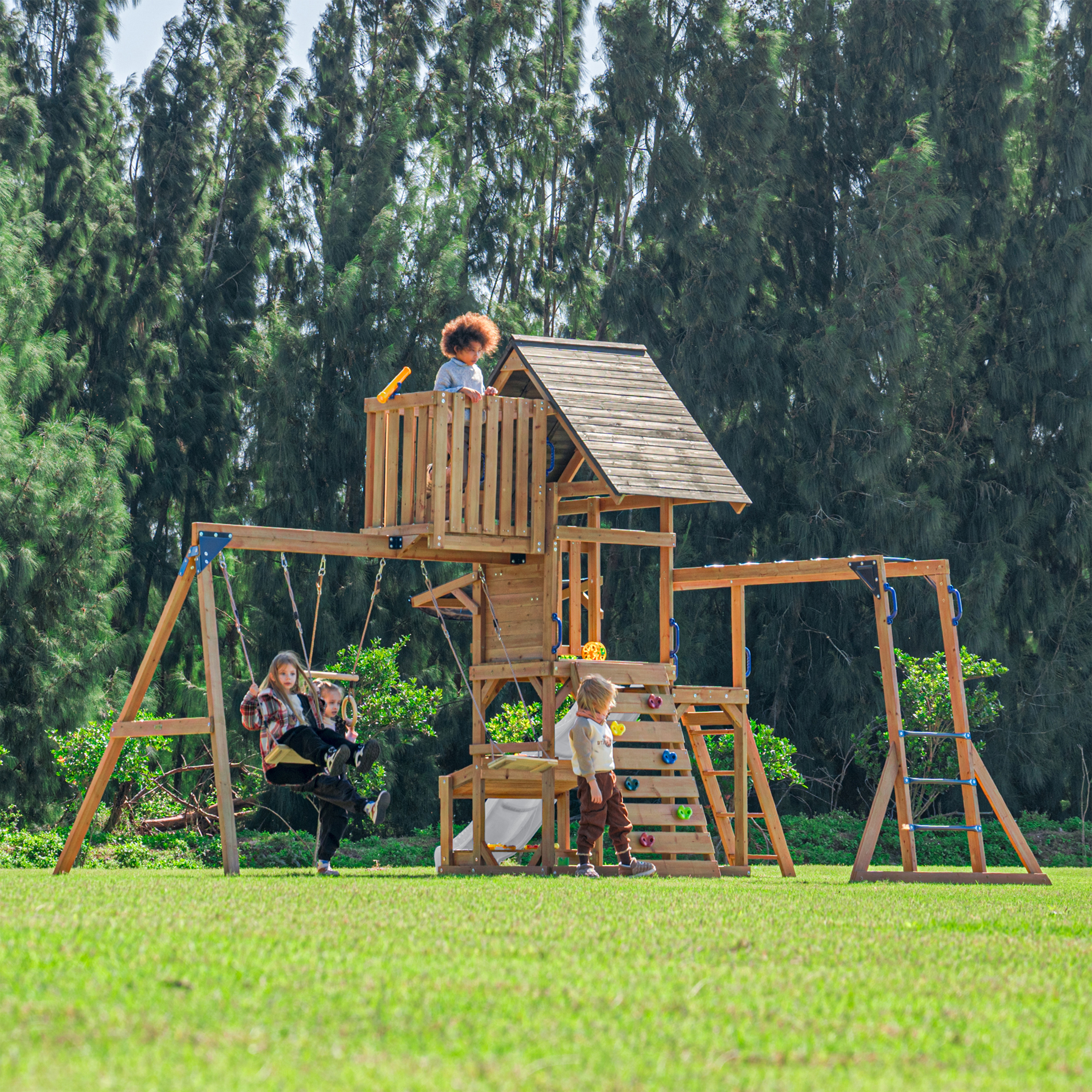 AXI Mitch Climbing Frame with Double Swing. Trapeze and Lookout Tower – White Slide