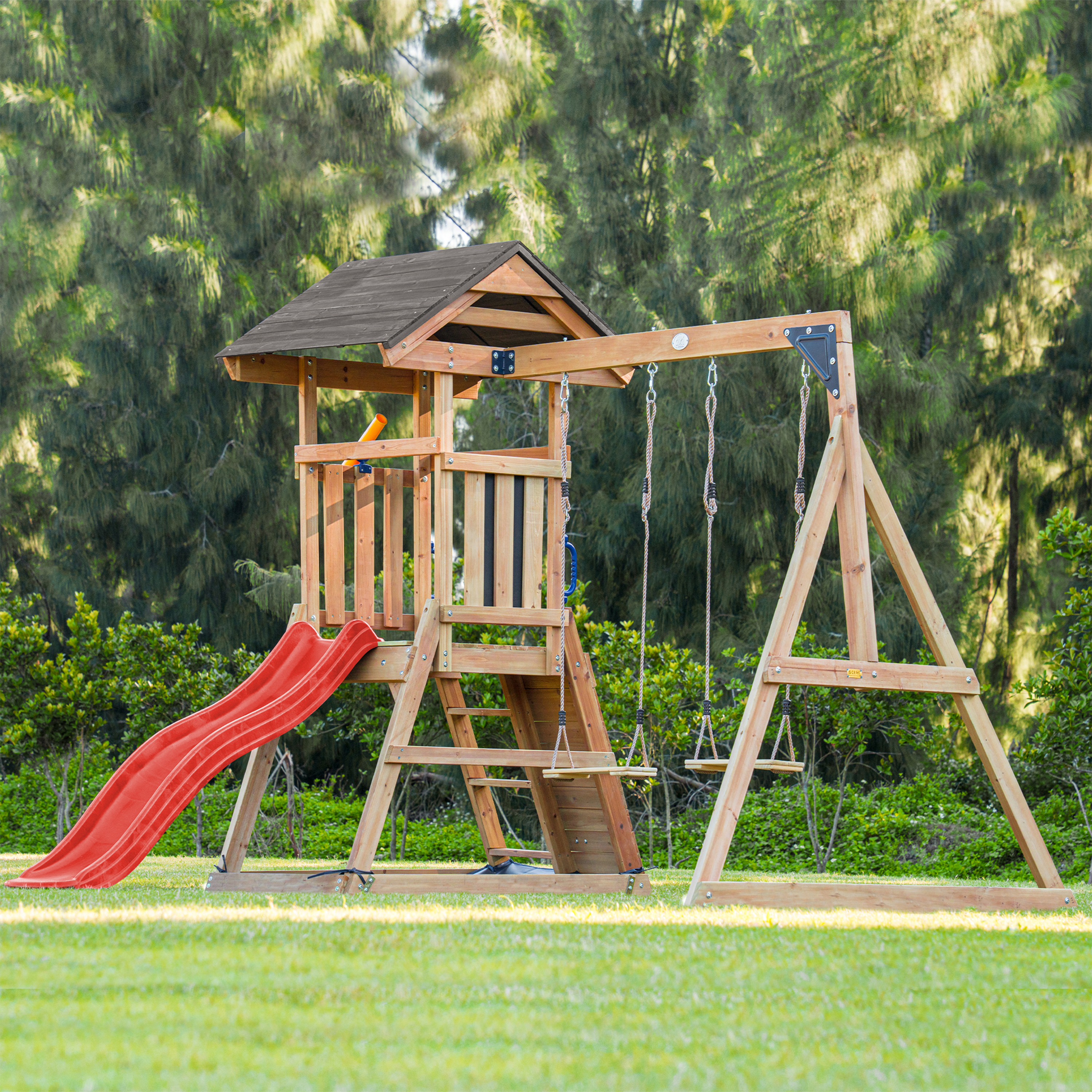 AXI Mia Climbing Frame with Double Swing Set – Red Slide