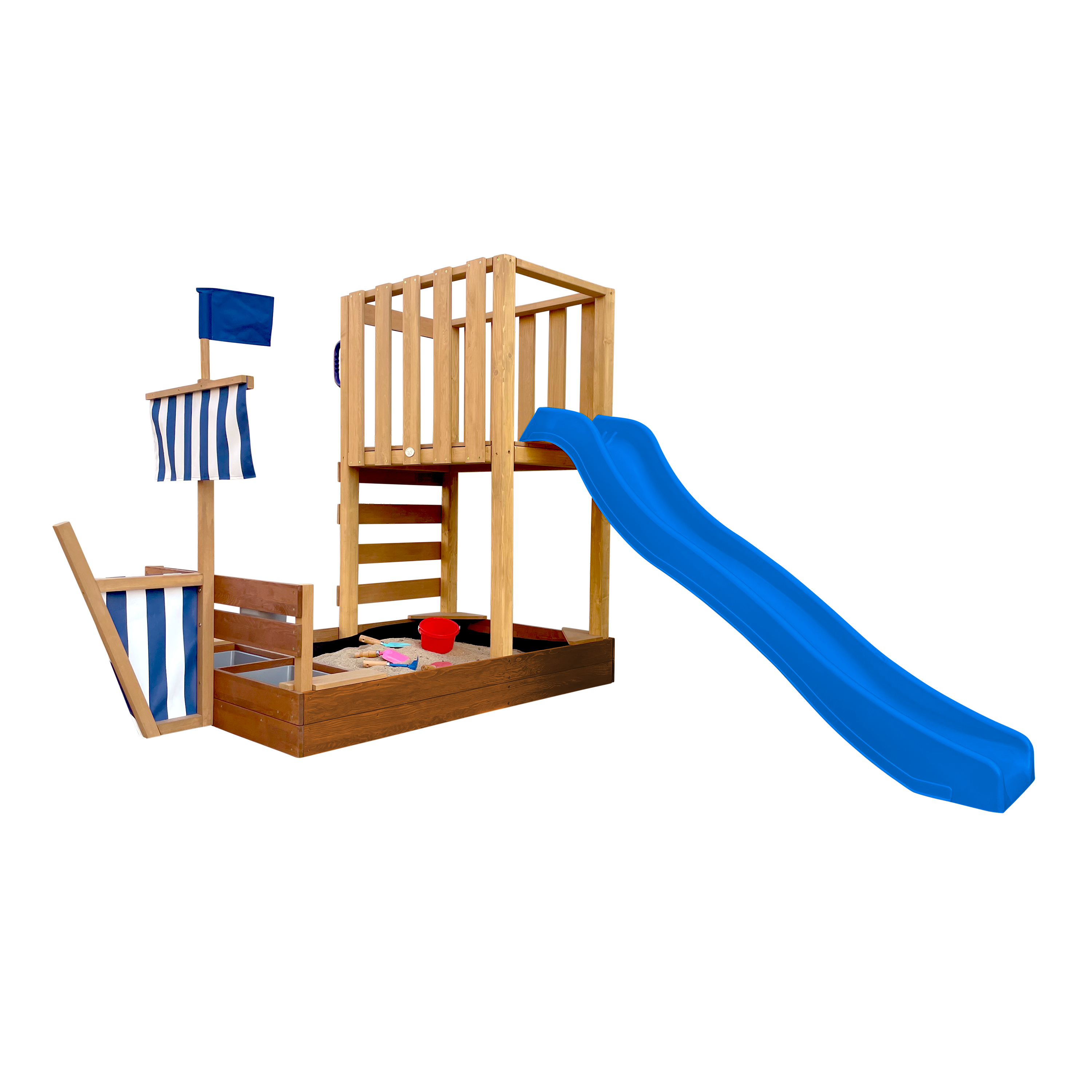 AXI Vicky Climbing Frame with Sandbox. Play Kitchen & Chalkboard – Blue Slide