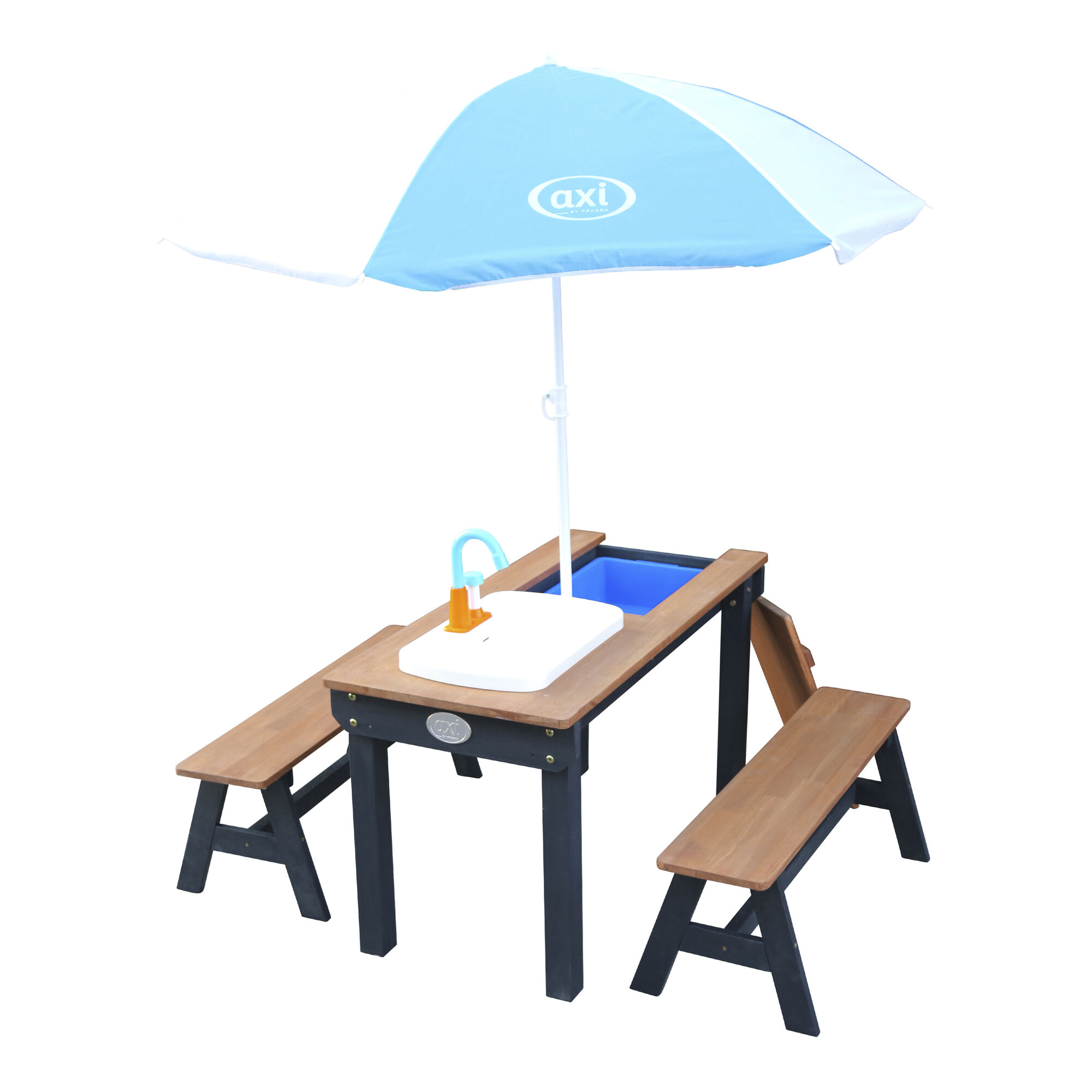 AXI Dennis Zand & Water Picknicktafel met Speelkeuken wastafel en losse bankjes Antraciet/bruin - Parasol Blauw/wit