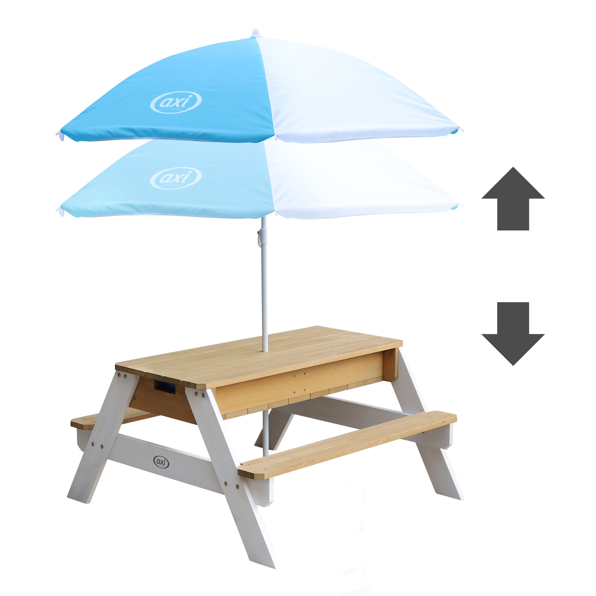AXI Nick Zand & Water Picknicktafel Bruin/wit - Parasol Blauw/wit