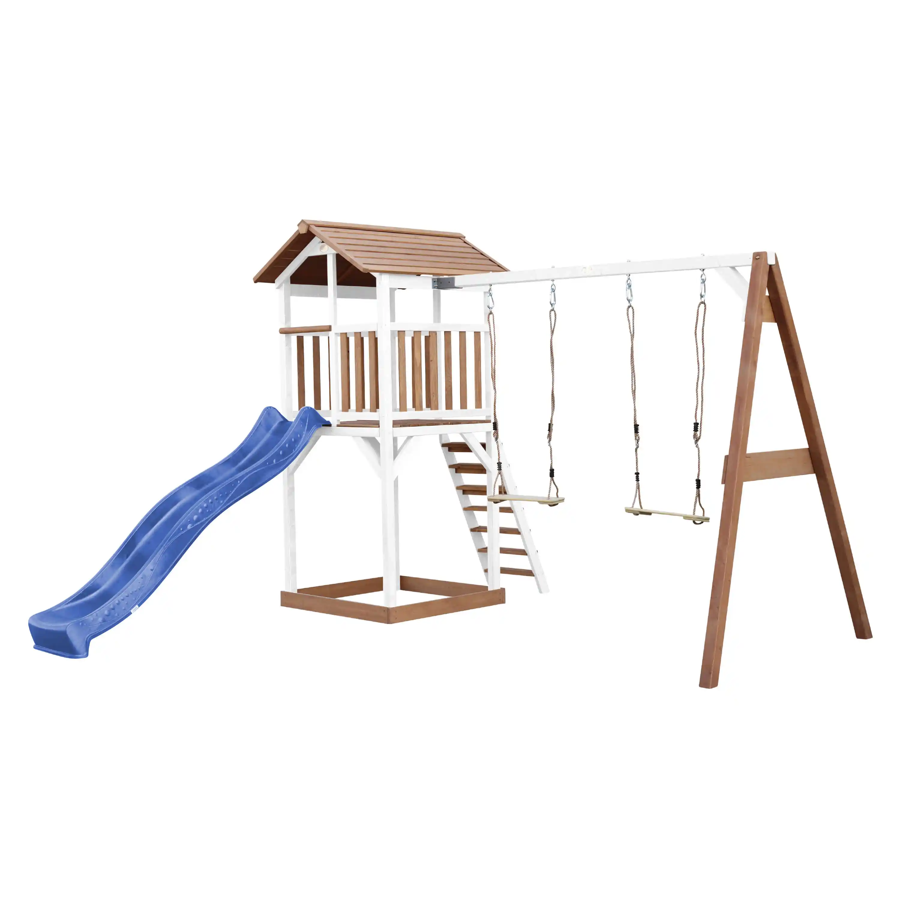 AXI Beach Tower Speeltoren met Dubbele Schommel Bruin/wit - Blauwe Glijbaan