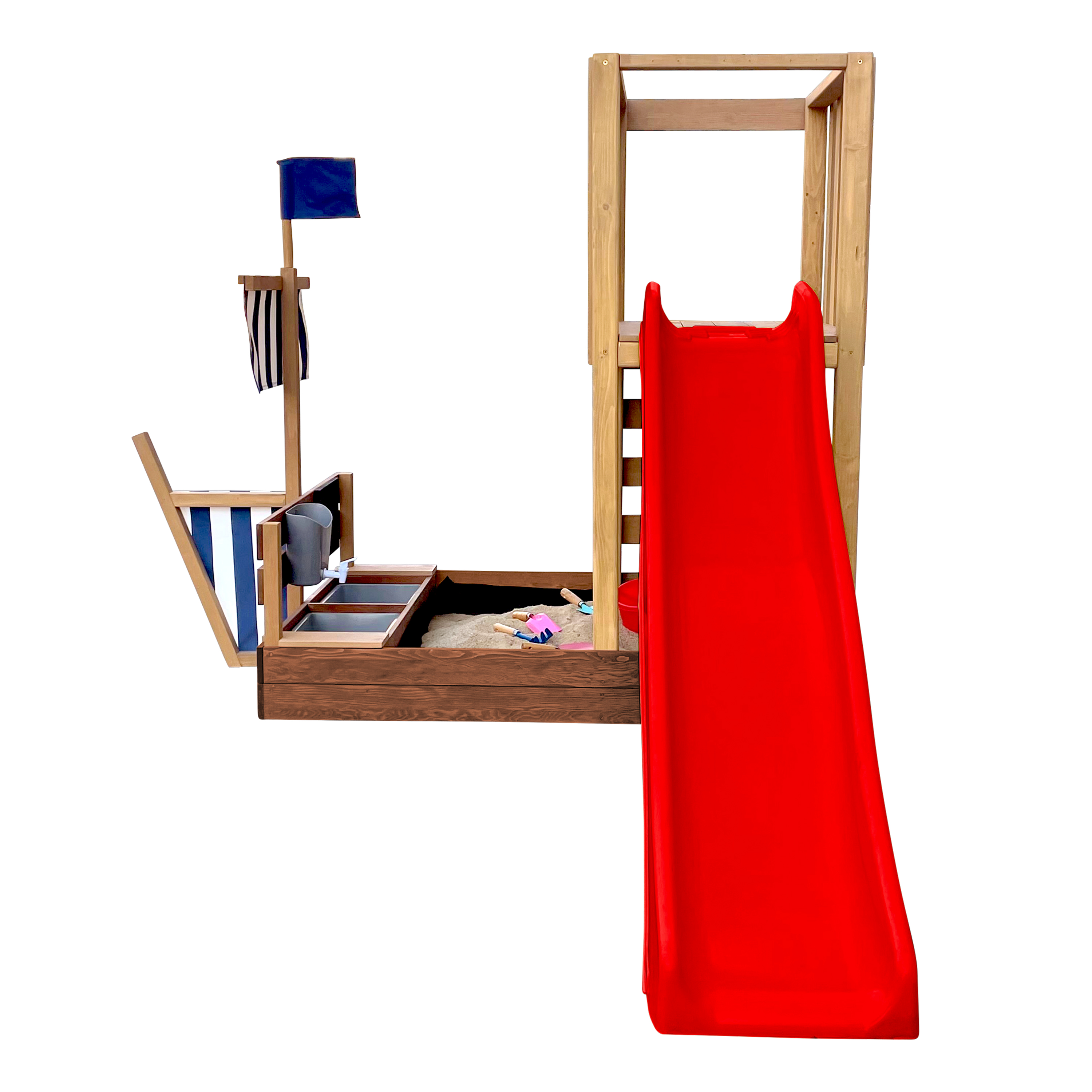 AXI Vicky Climbing Frame with Sandbox. Play Kitchen & Chalkboard – Red Slide