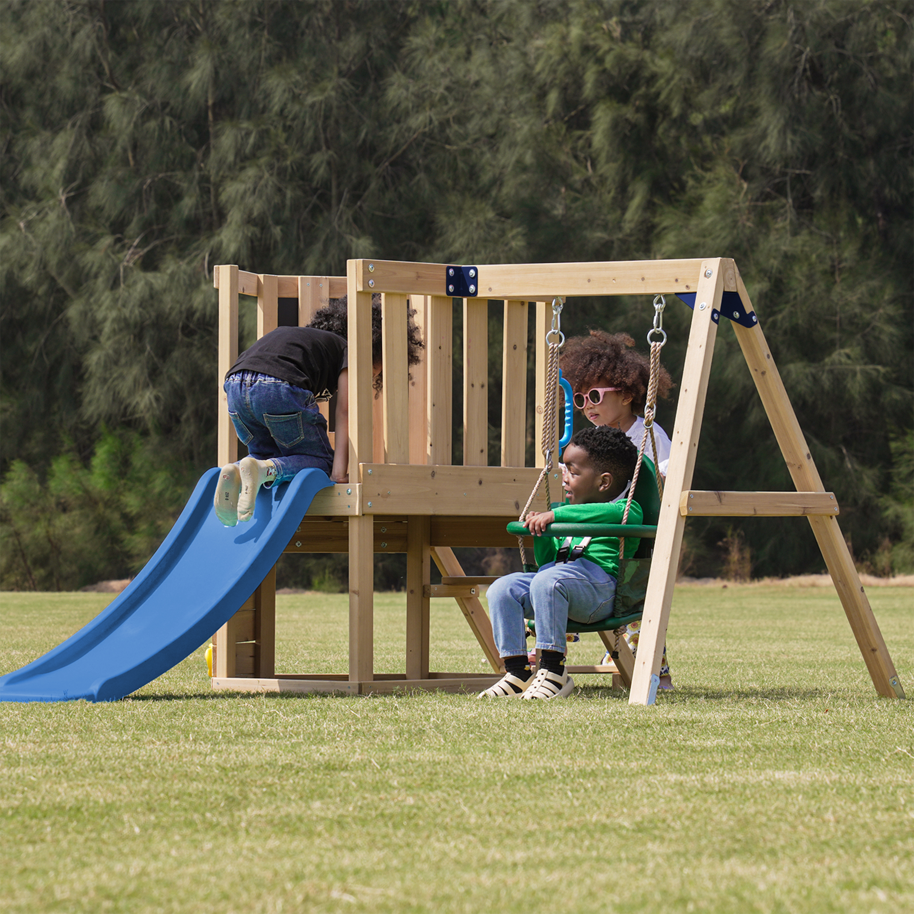 AXI Timo Mini Climbing Frame with Baby Swing. Climbing Wall and Chalkboard – Blue Slide