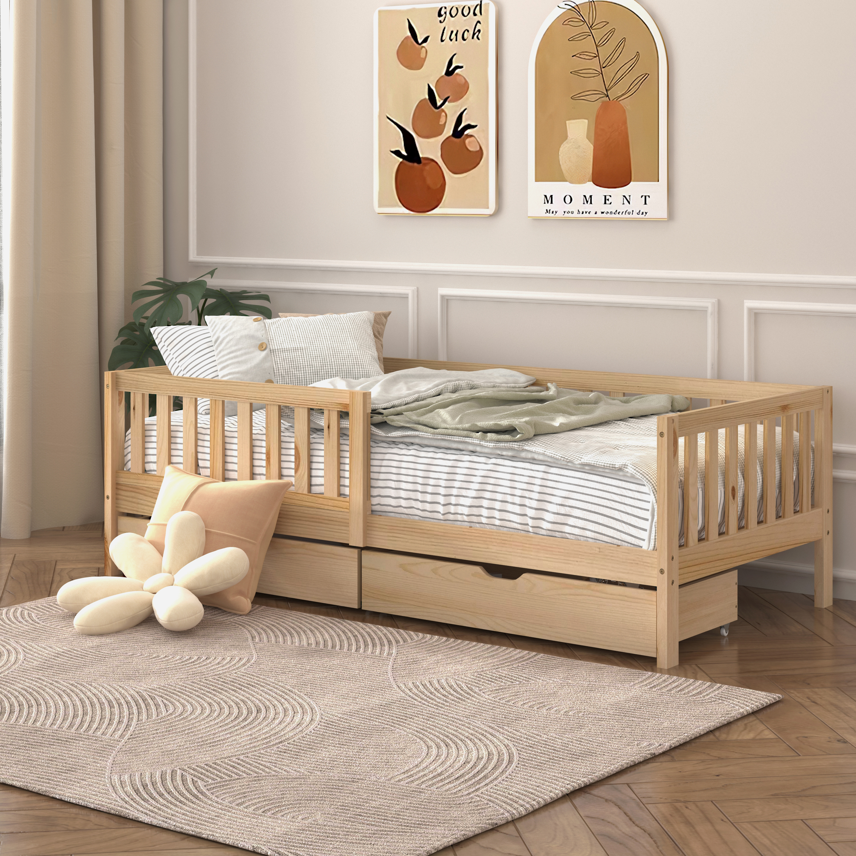 Sunny Isa Kids Bed with 2 Storage Drawers and Guardrail Natural – With Mattress